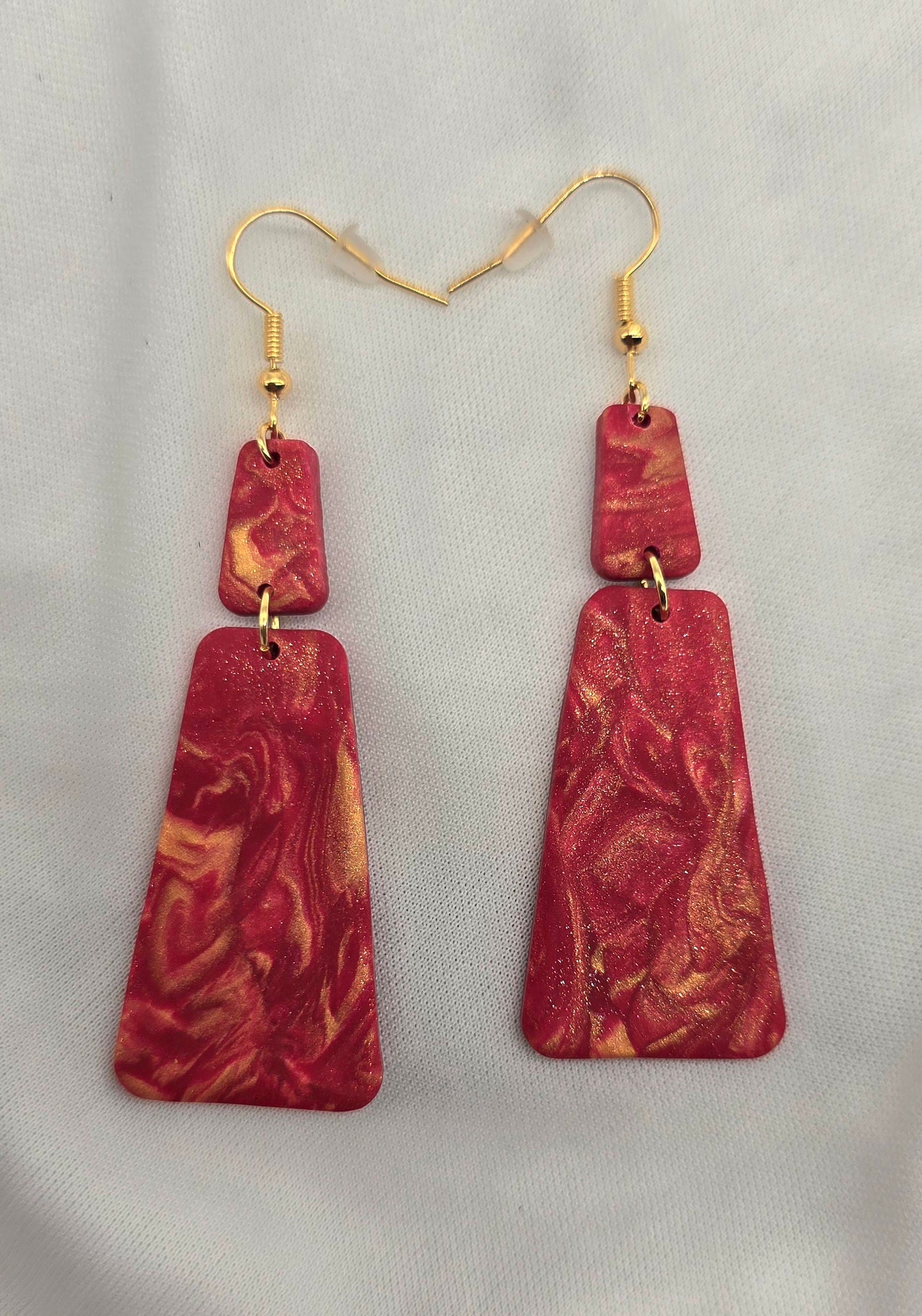 Gold and Red Swirl Rectangle Earrings