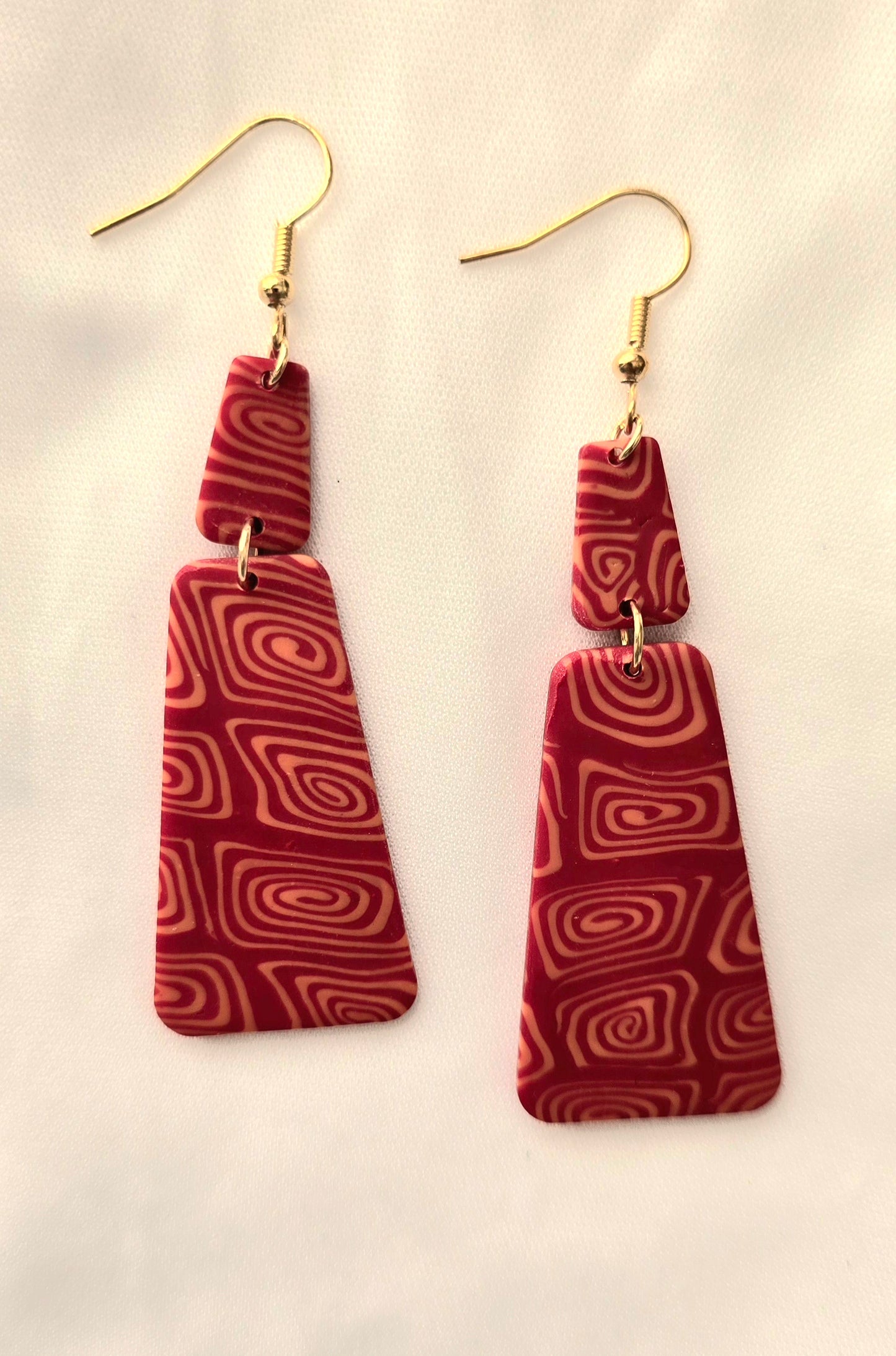 Red and Gold Square Swirls Rectangle Earrings
