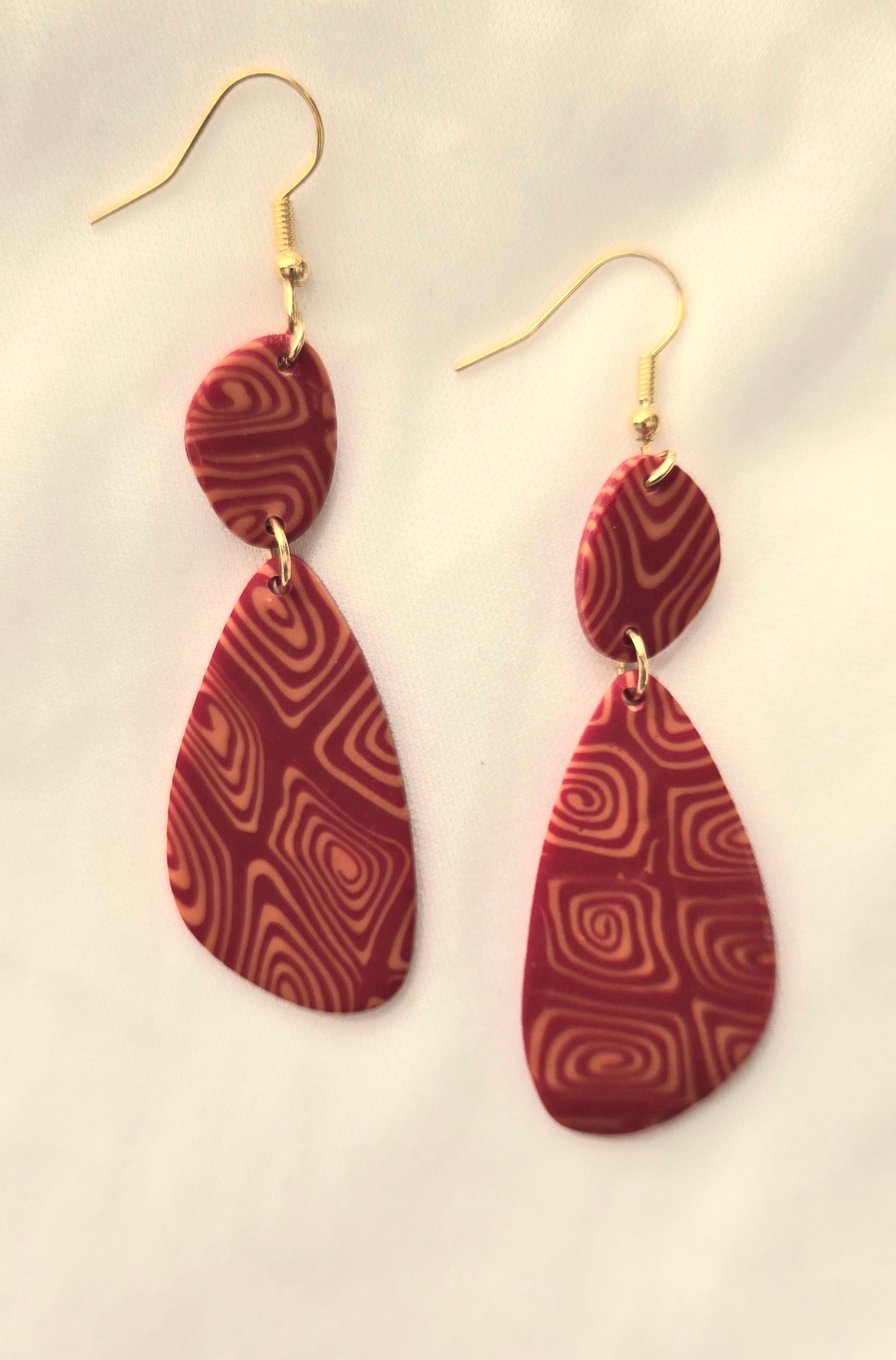 Red and Gold Square Swirls Teardrop Earrings