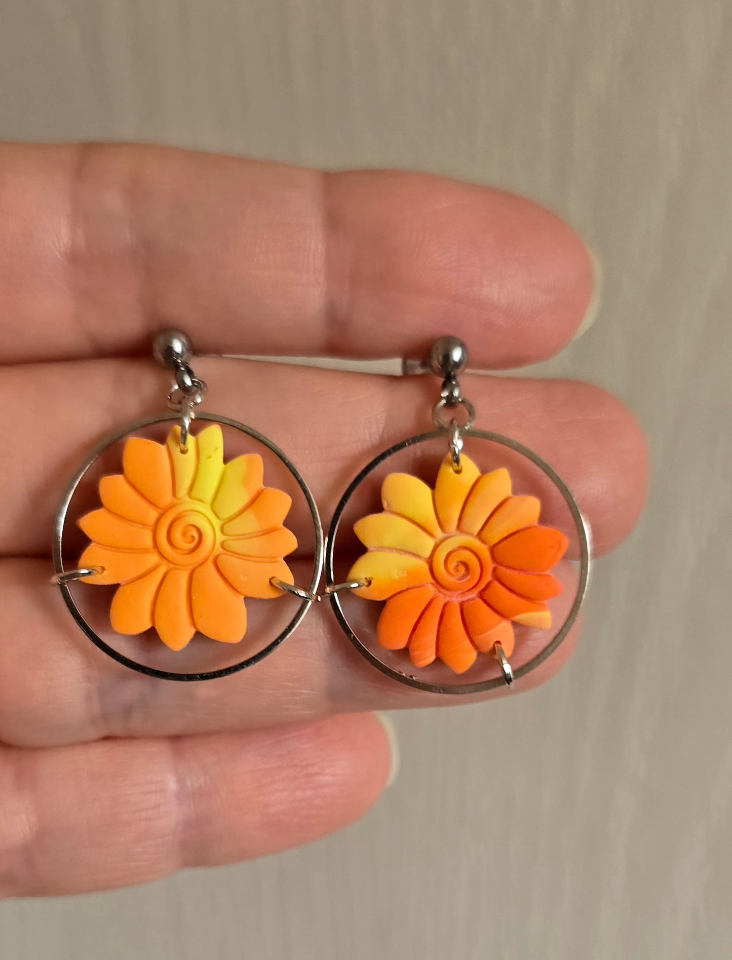 Yellow and Orange Circle Sunflower Earrings