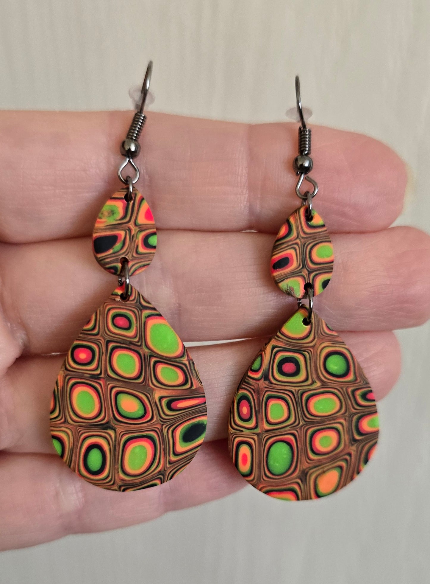 Brown with Neon Circles Oval Earrings