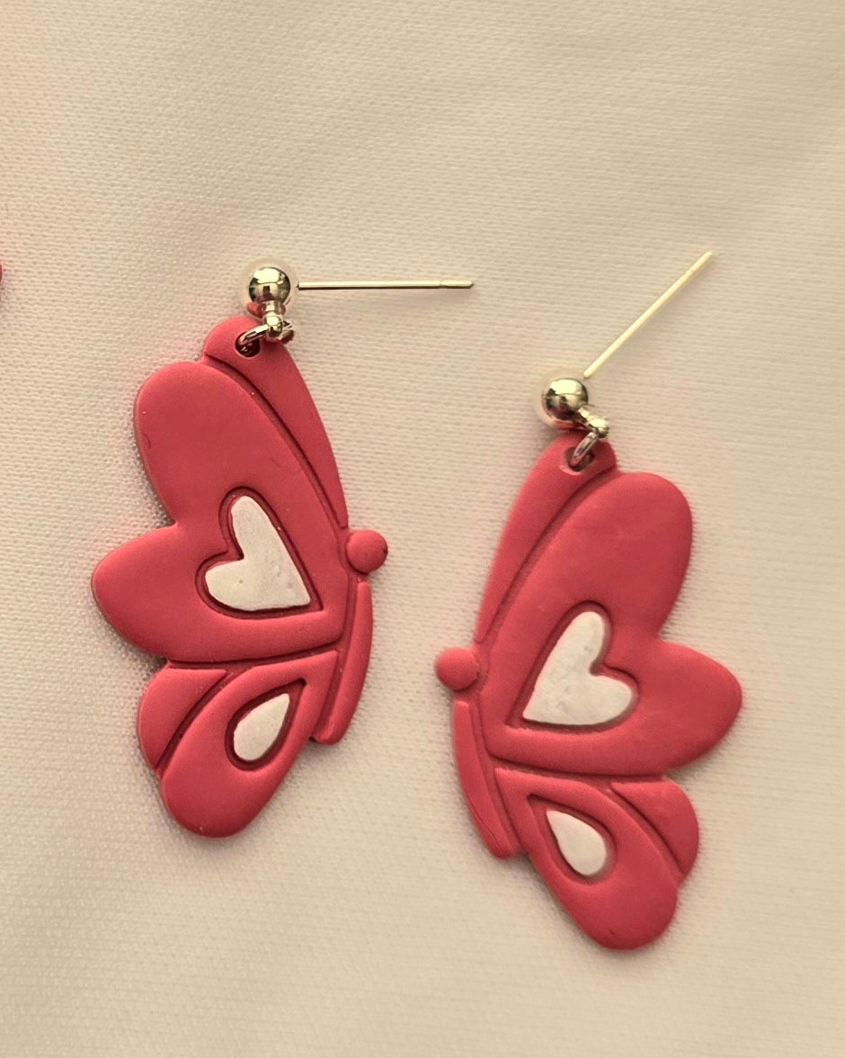 Pink Butterfly Heart Wing Earrings