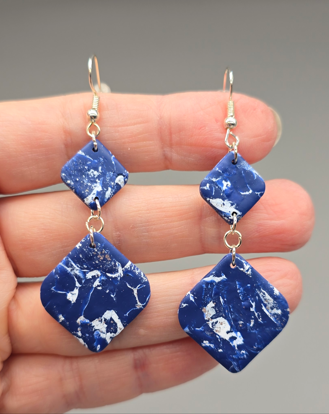 Blue, White, and Silver Square Earrings