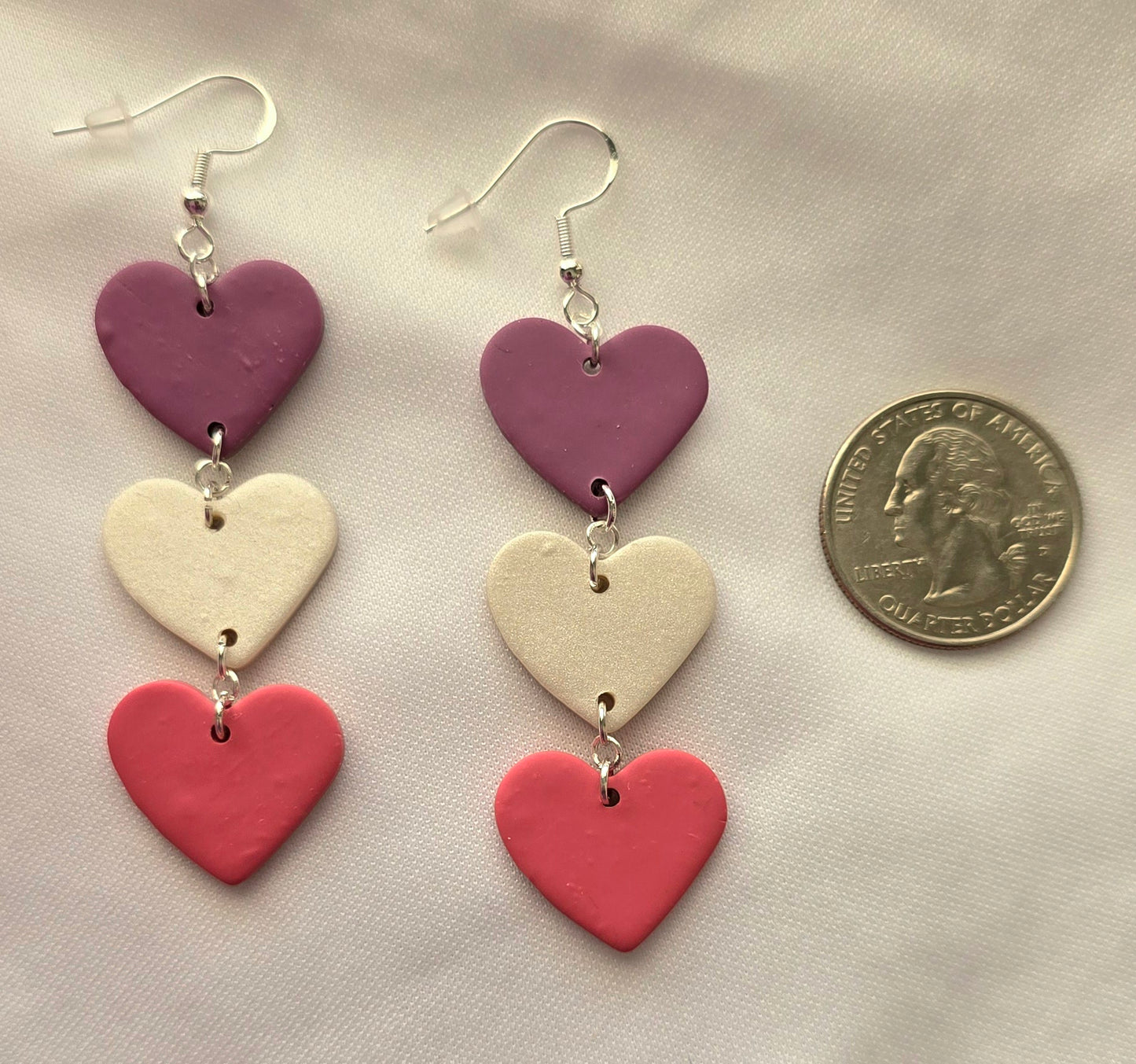 Purple, Pearl and Pink Three Heart Dangle Earrings