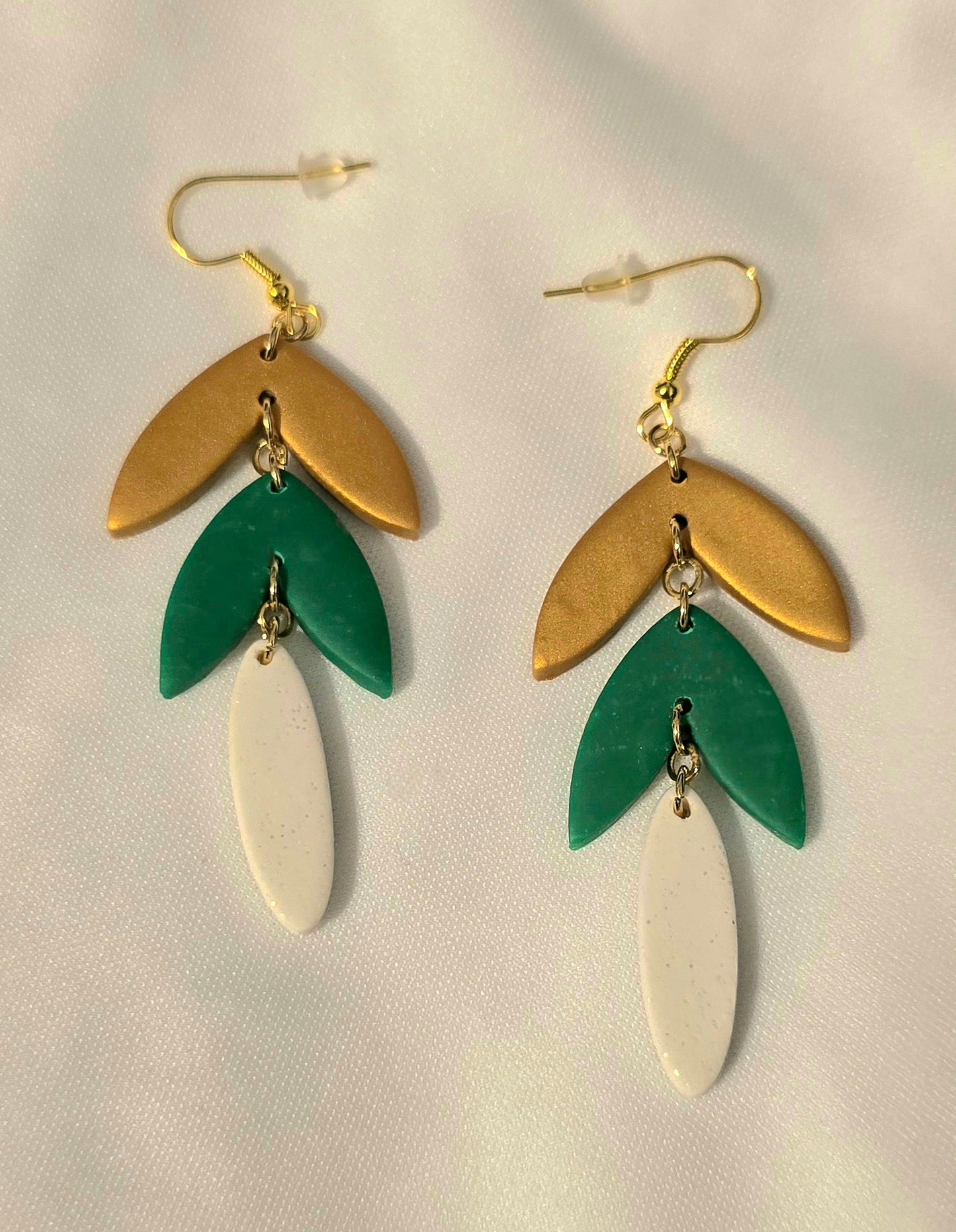 Gold, Green, White Leaf Dangle Earrings