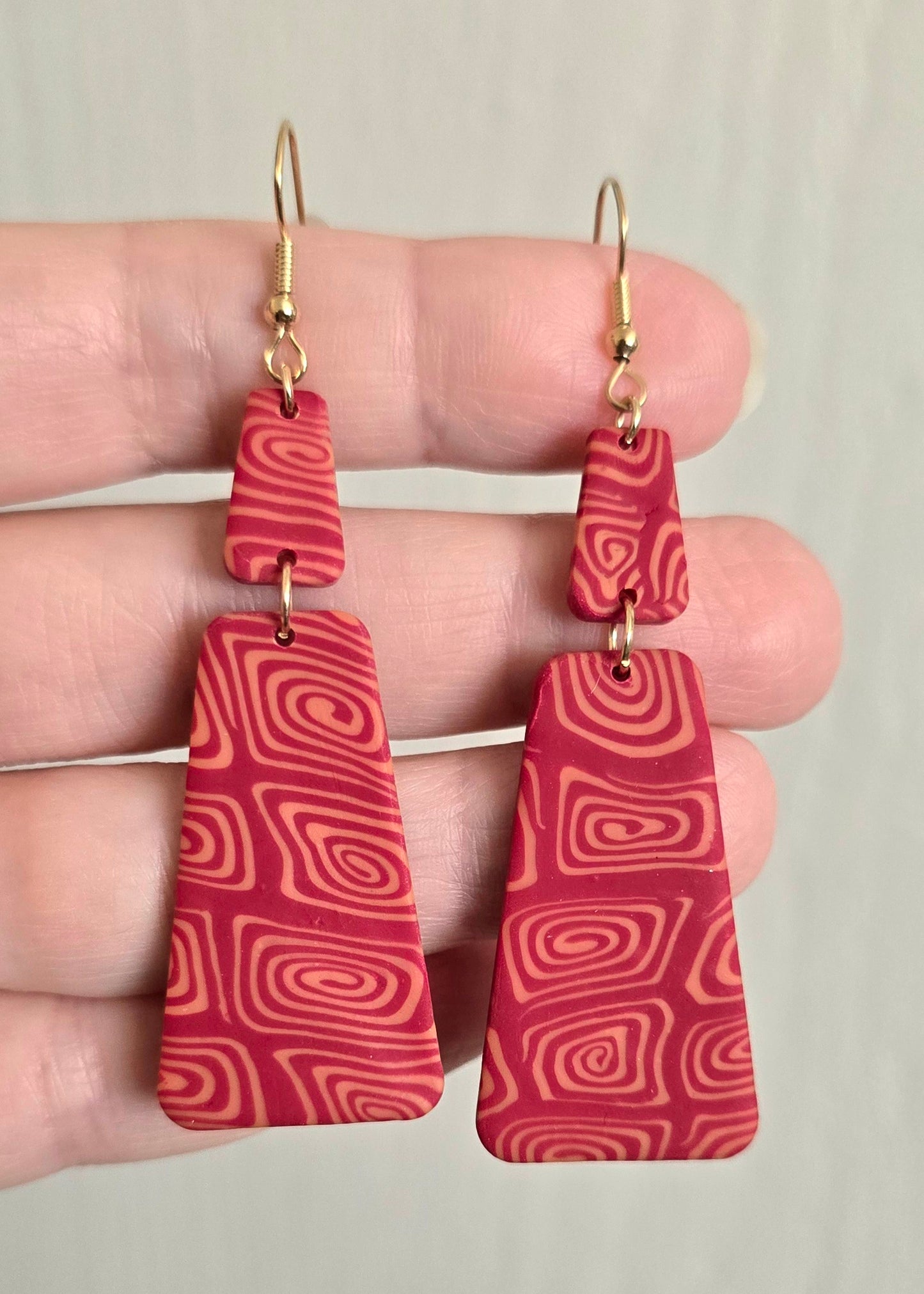 Red and Gold Square Swirls Rectangle Earrings