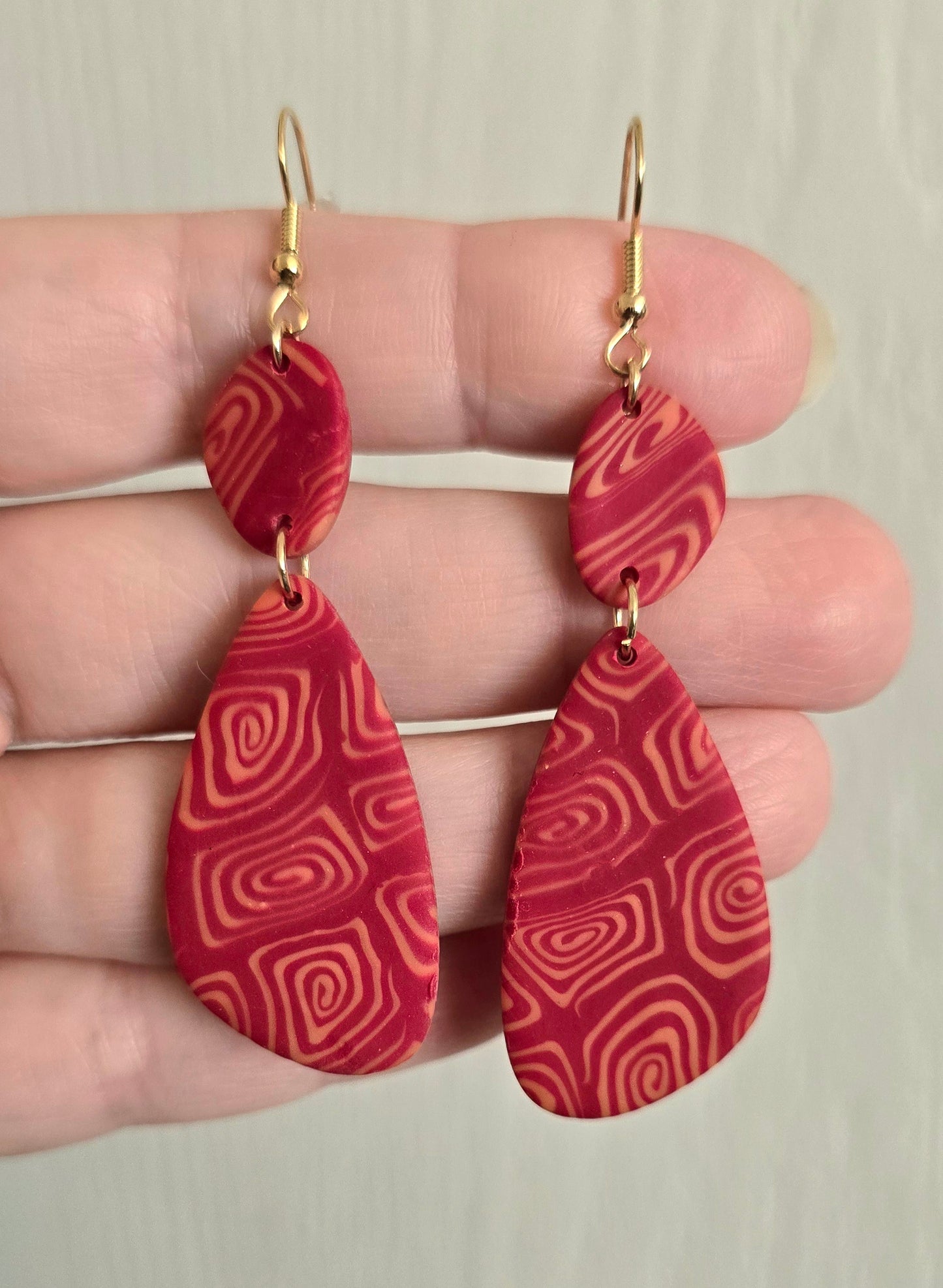 Red and Gold Square Swirls Teardrop Earrings