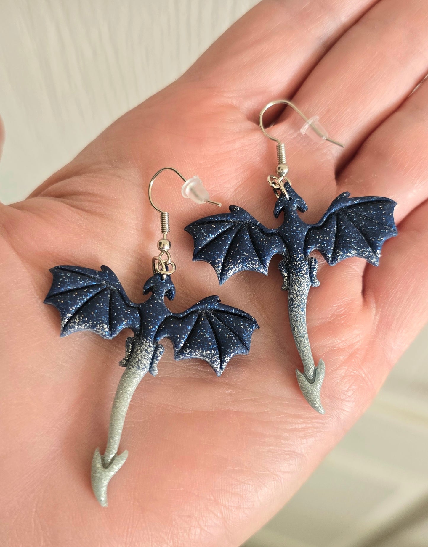 Sparkly Blue and Silver Dragon Earrings