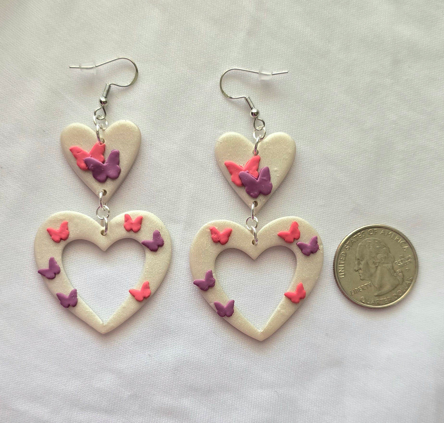 Pearl White Heart with Butterflies Dangle Earrings