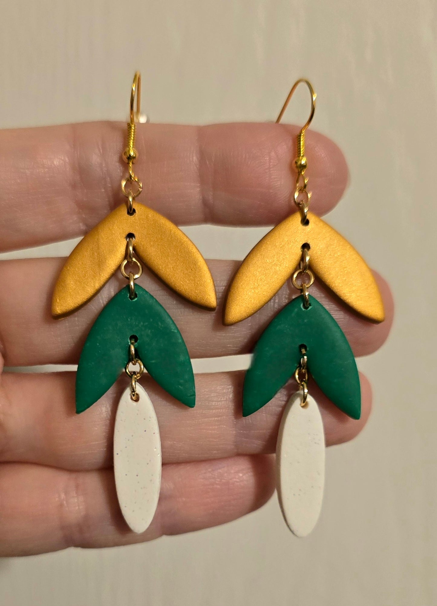 Gold, Green, White Leaf Dangle Earrings