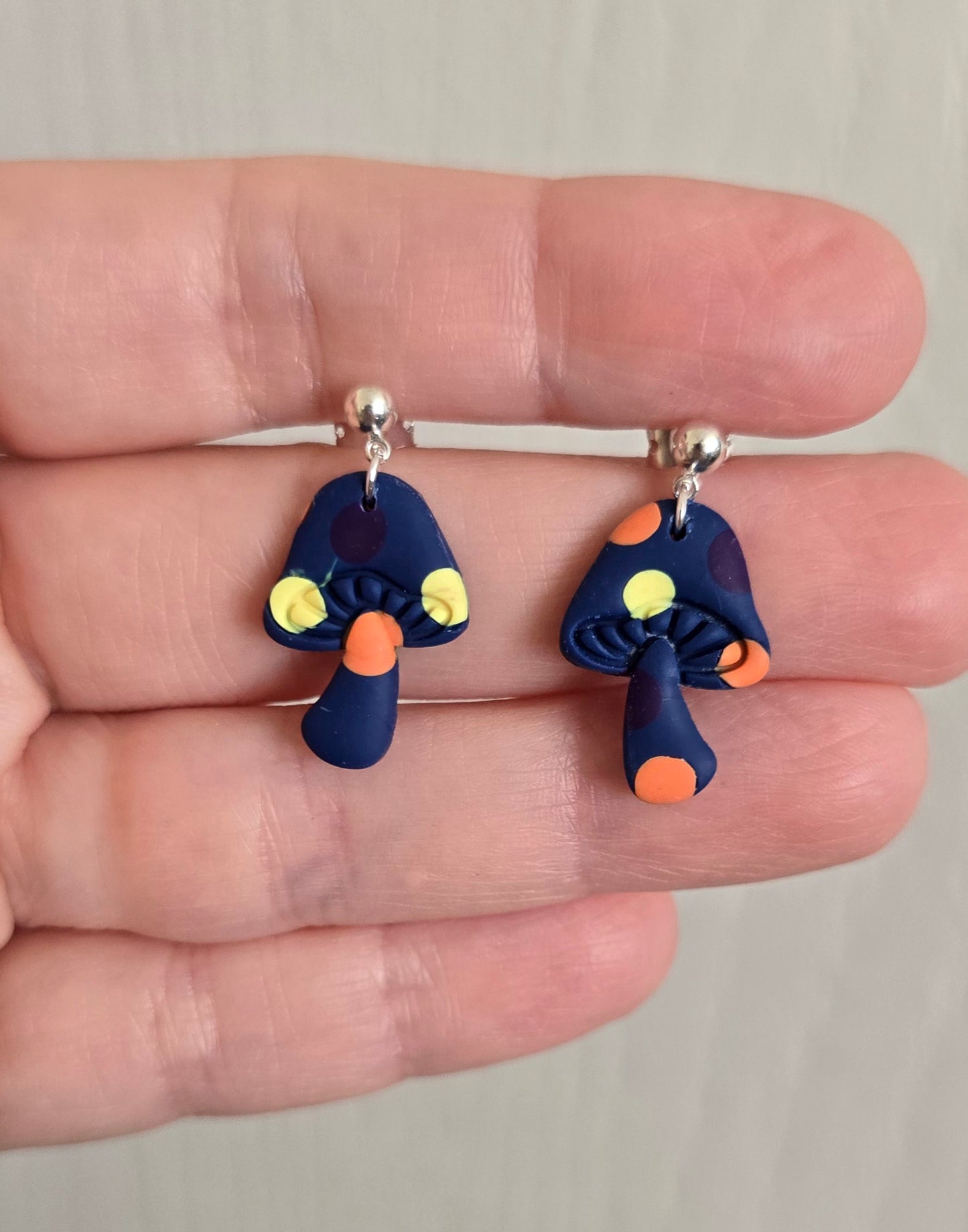 Blue Polka Dot Mushroom Small Dangle Earrings