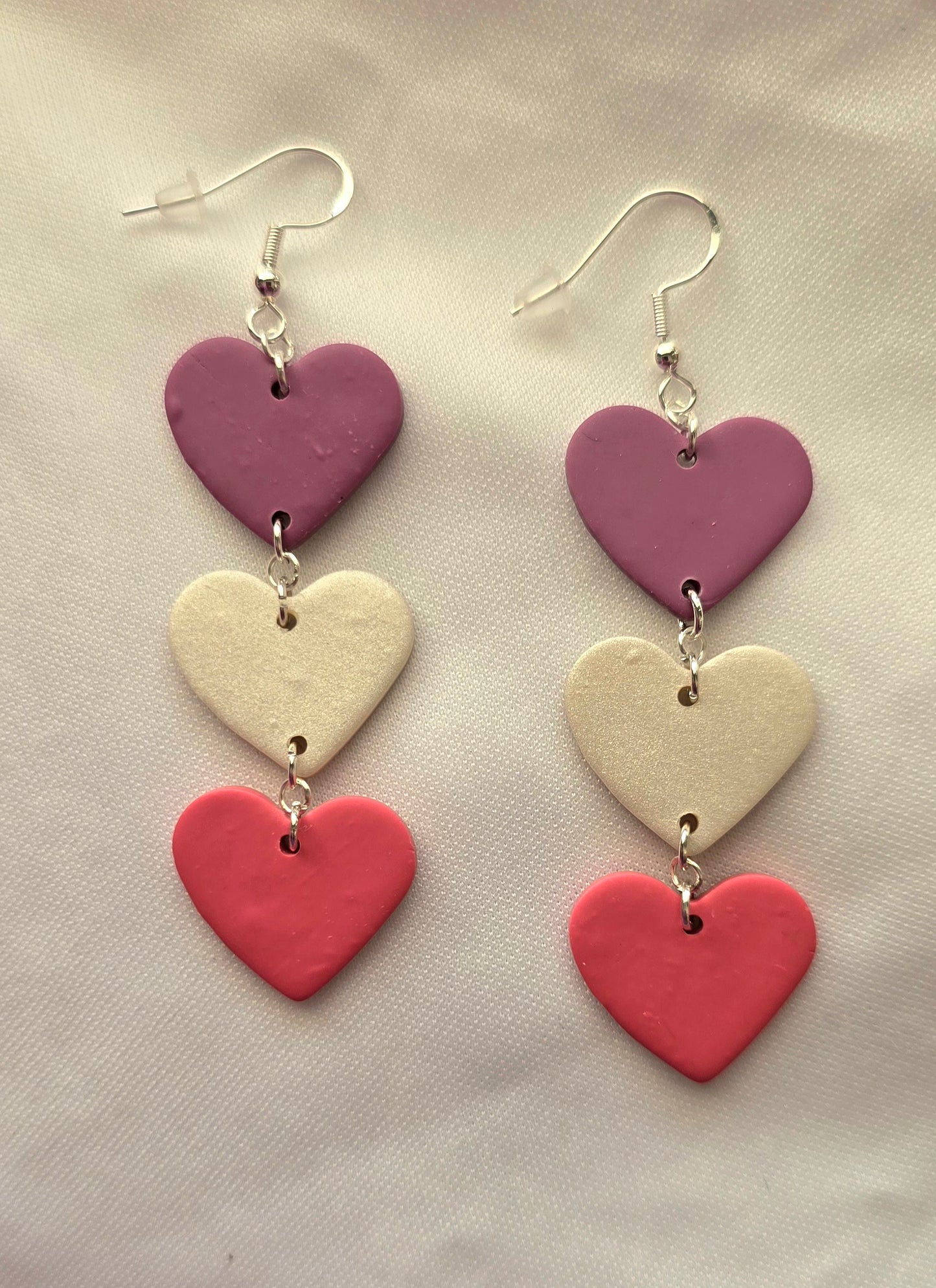 Purple, Pearl and Pink Three Heart Dangle Earrings