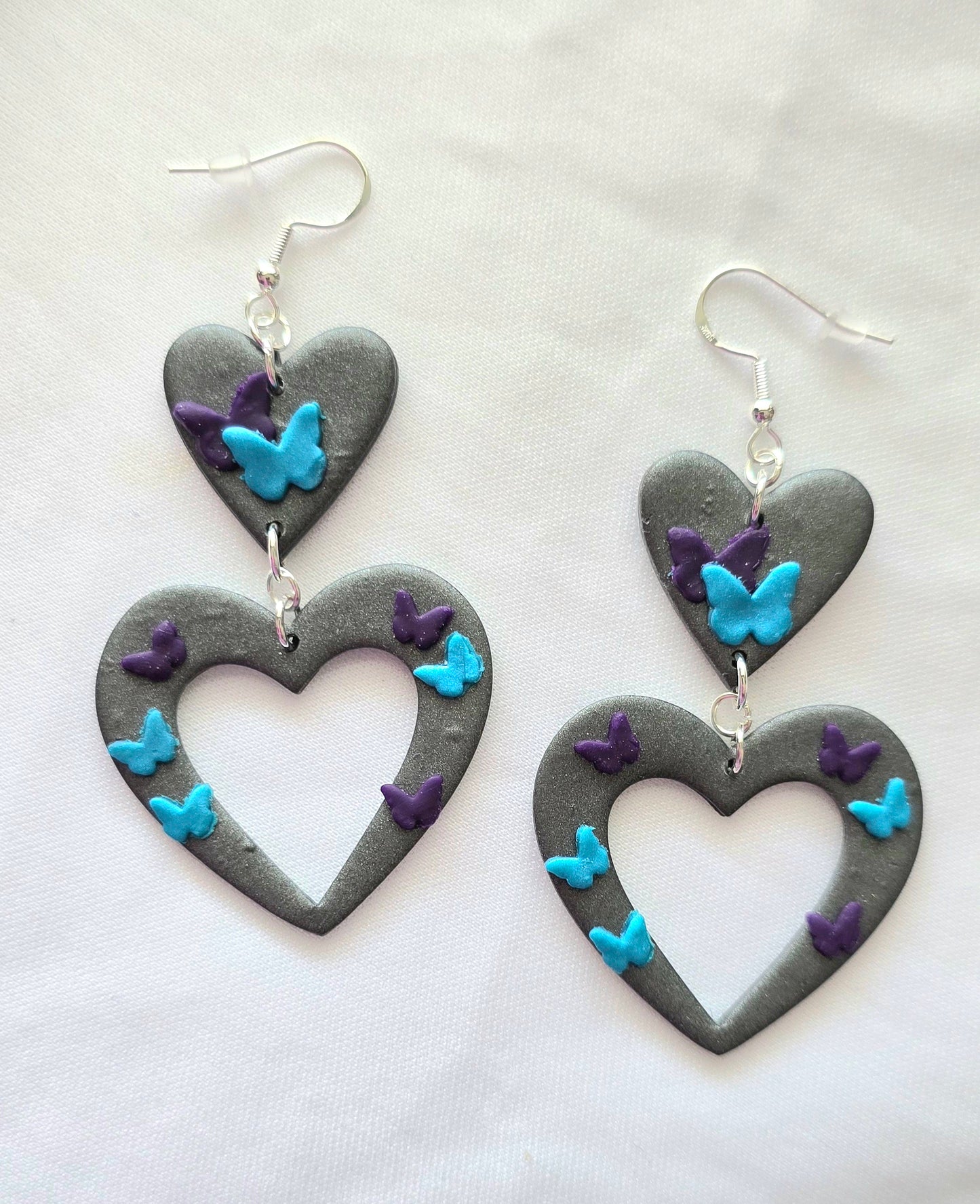 Graphite Pearl Heart with Butterflies Dangle Earrings