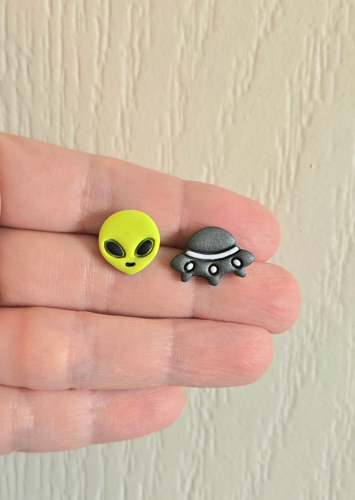 Green Alien and UFO Stud Earrings