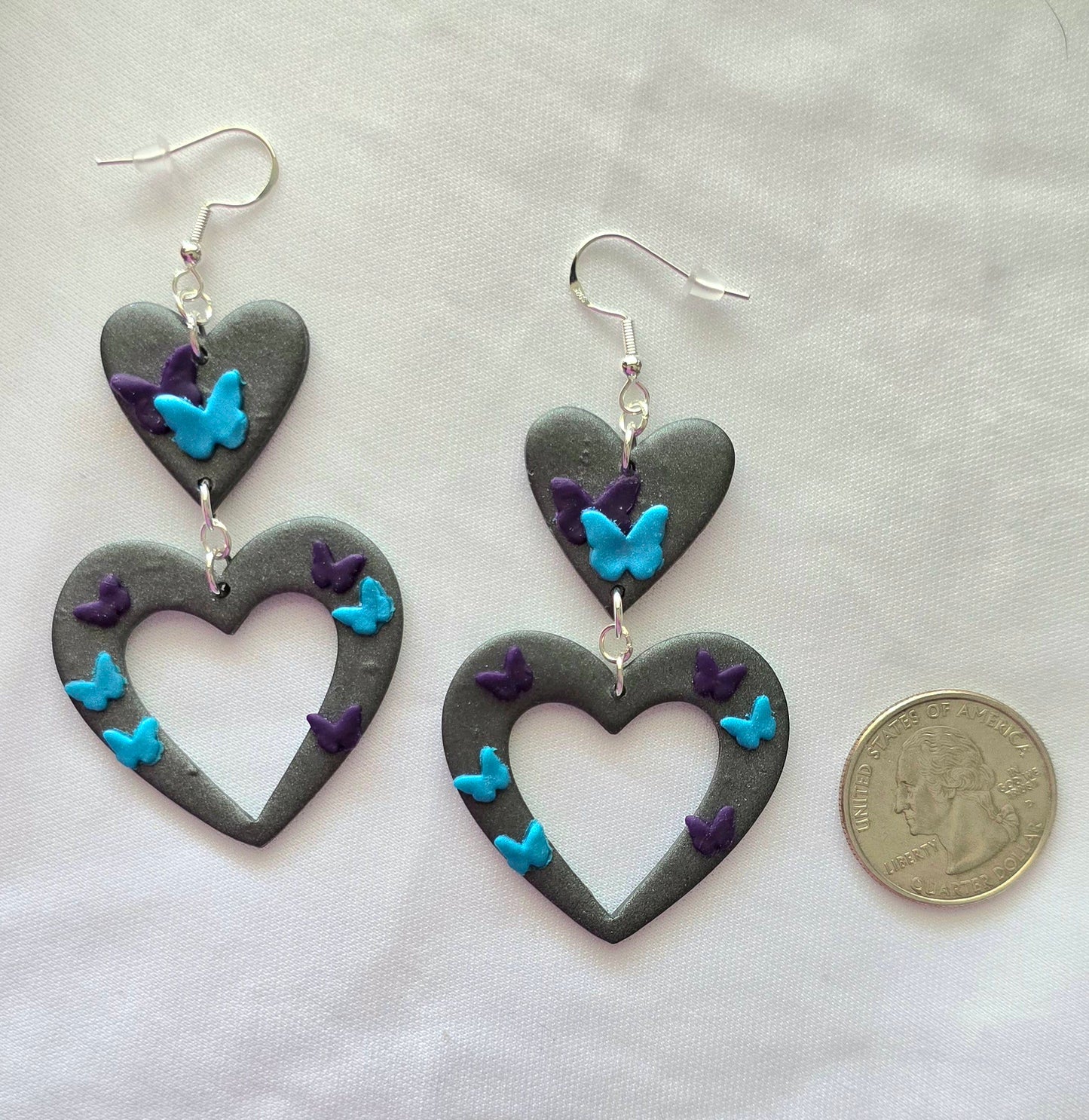 Graphite Pearl Heart with Butterflies Dangle Earrings