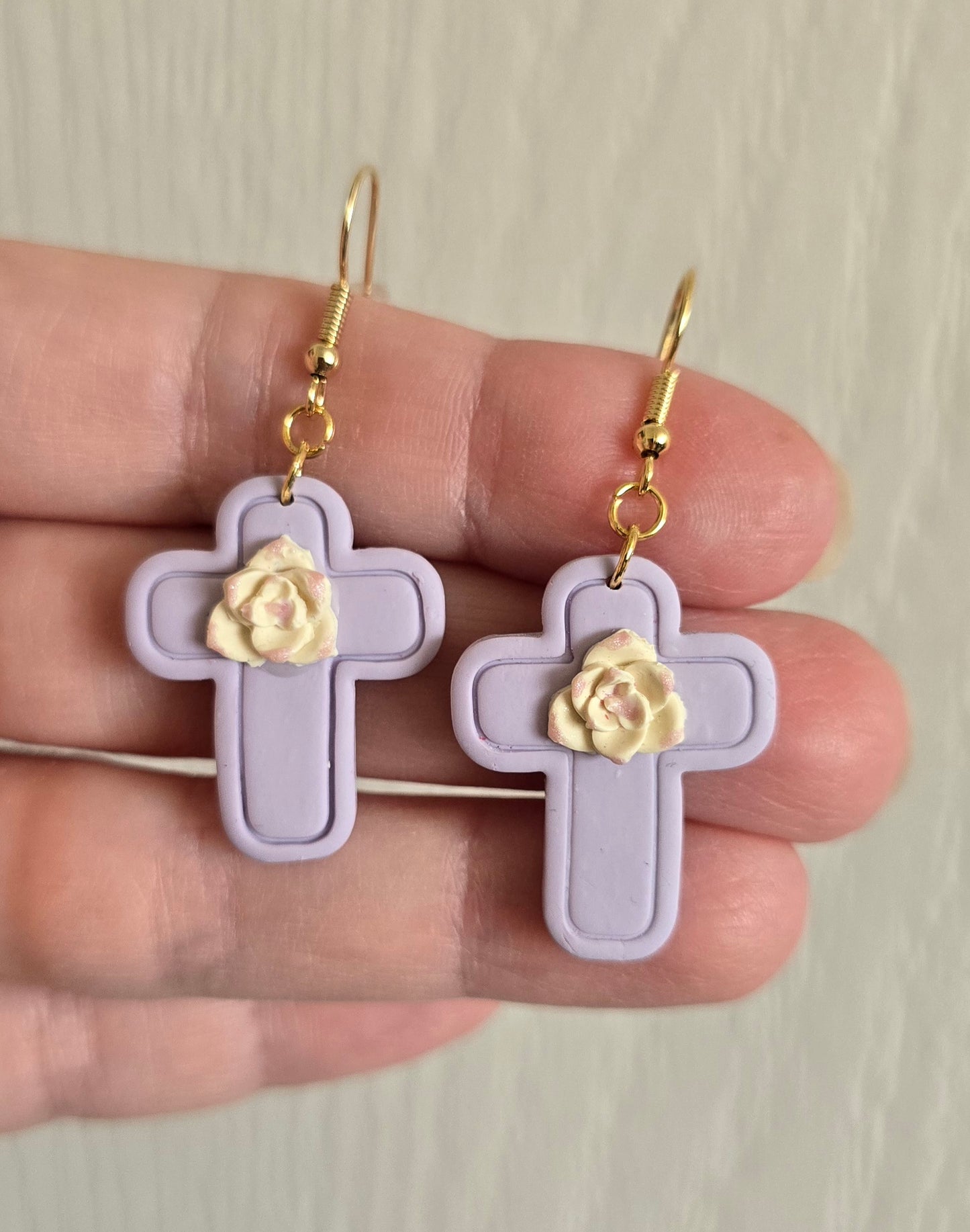 Purple Cross with Flower Dangle Earrings