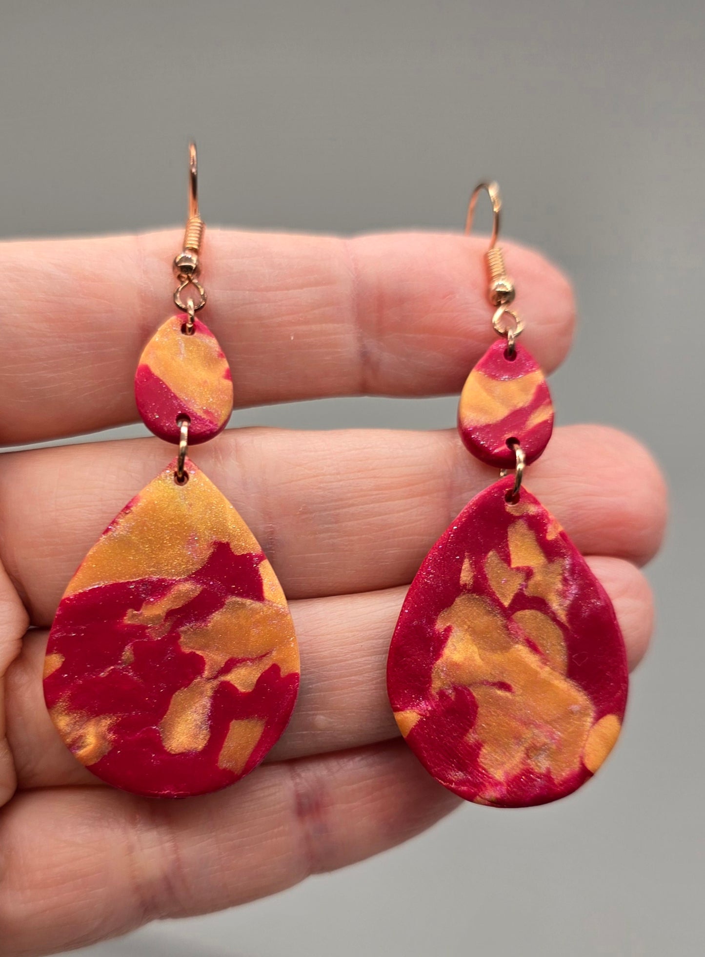 Gold and Red Swirl Teardrop Earrings