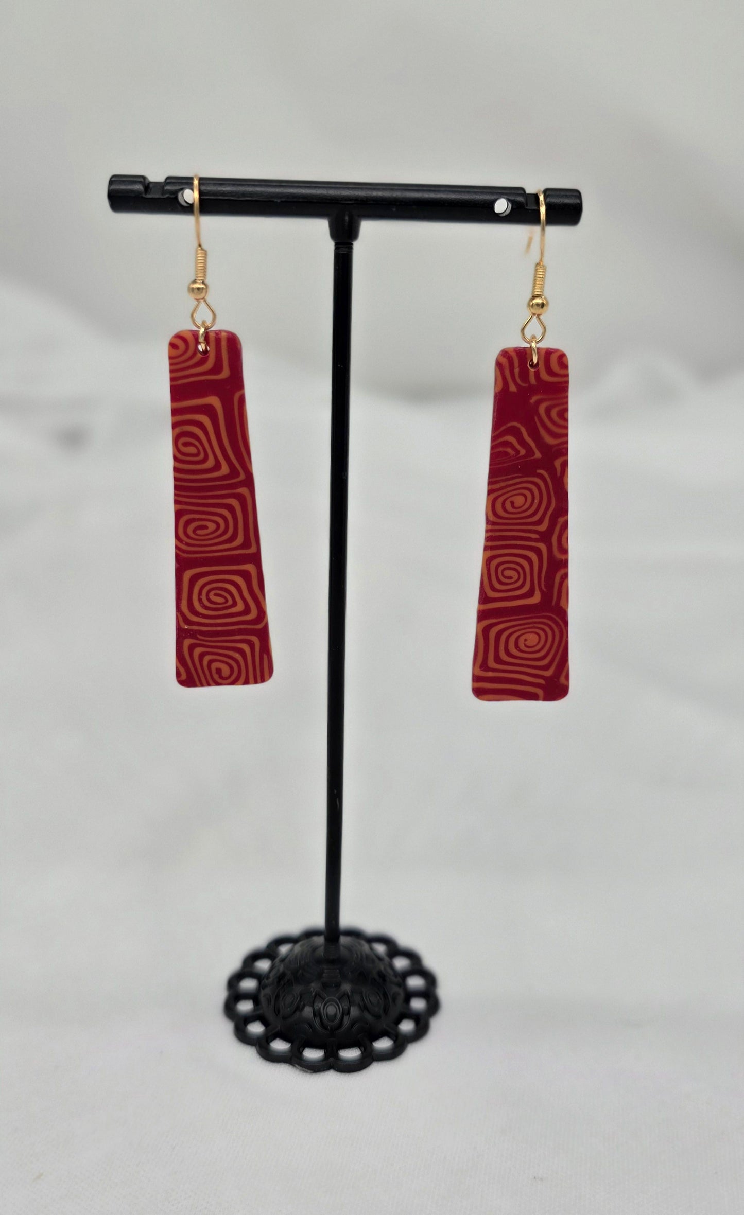 Red and Gold Square Swirls Dangle Earrings