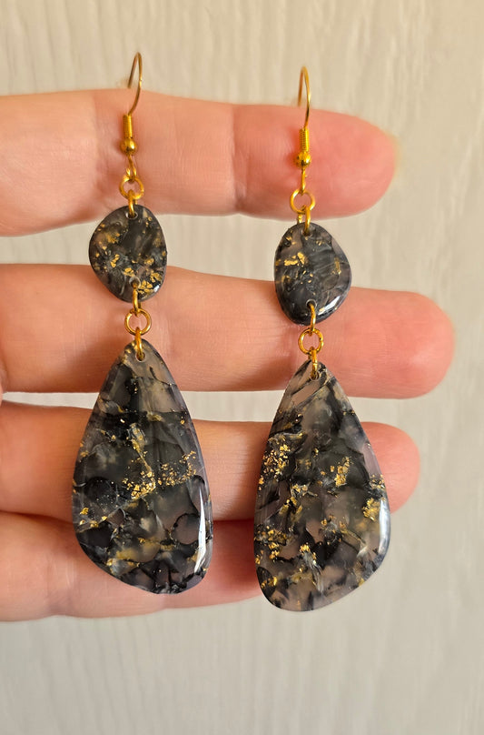 Black Sagenite Agate Faux Oval Dangle Earrings