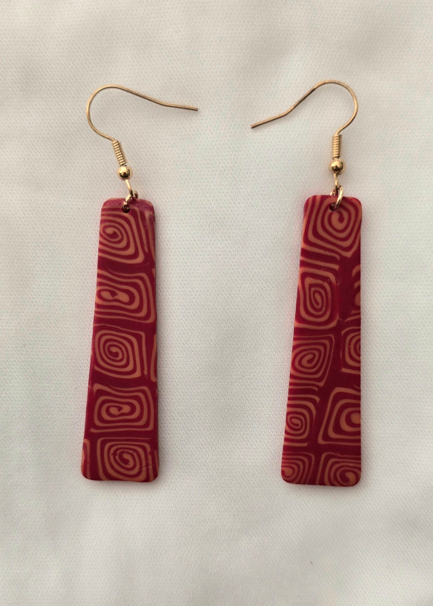 Red and Gold Square Swirls Dangle Earrings