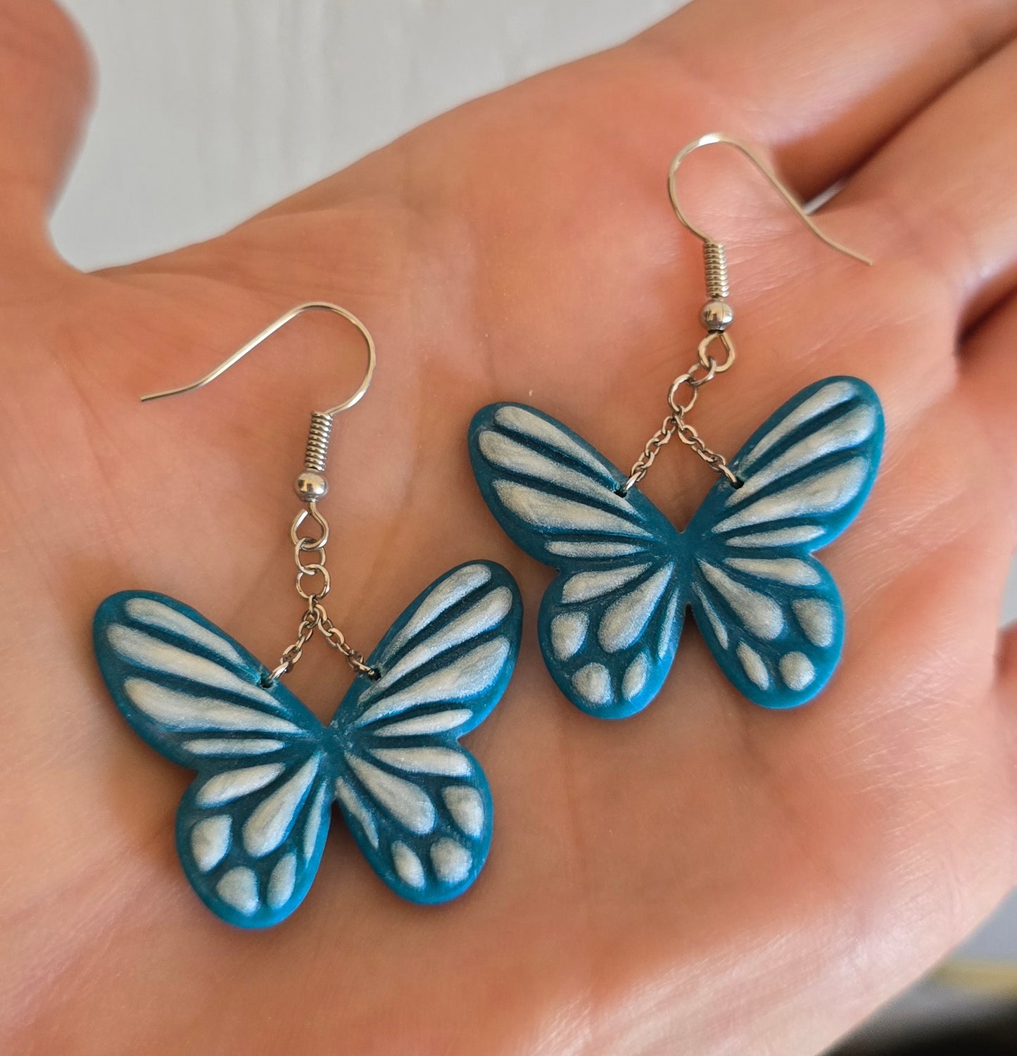 Teal and Pearl Hanging Butterfly Dangle Earrings