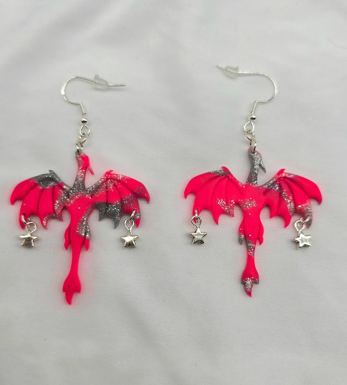 Hot Pink and Silver Dragon Earrings, Style 2