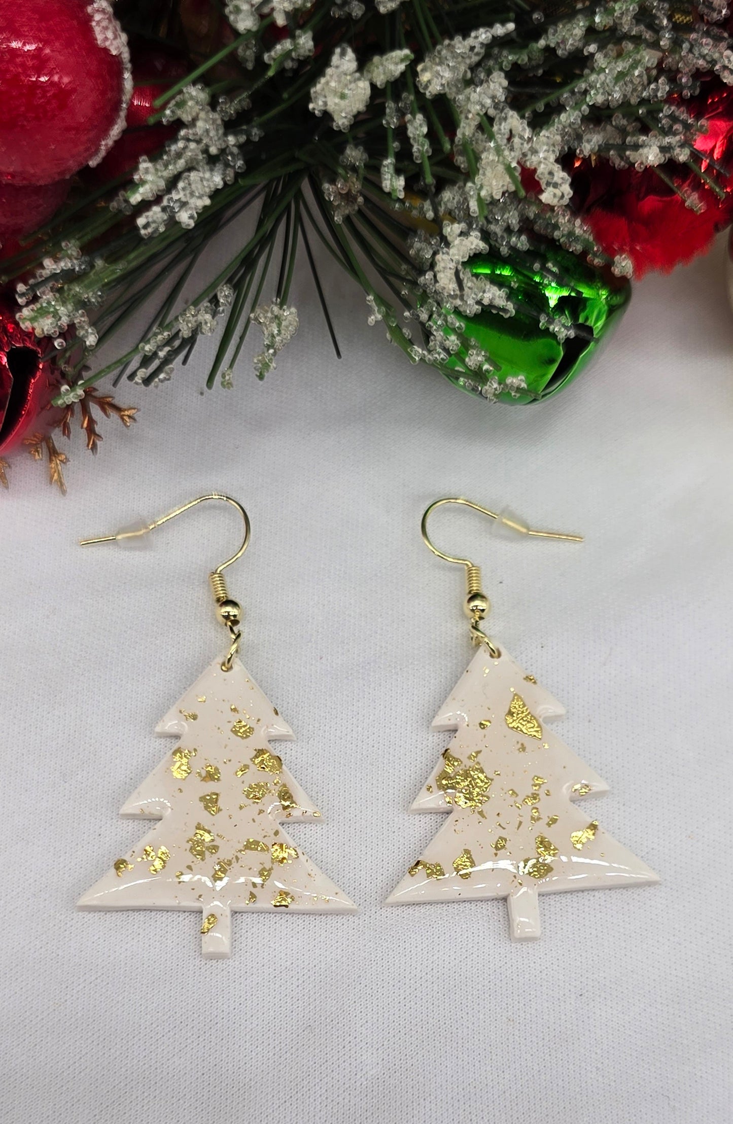 White and Gold Christmas Tree Earrings