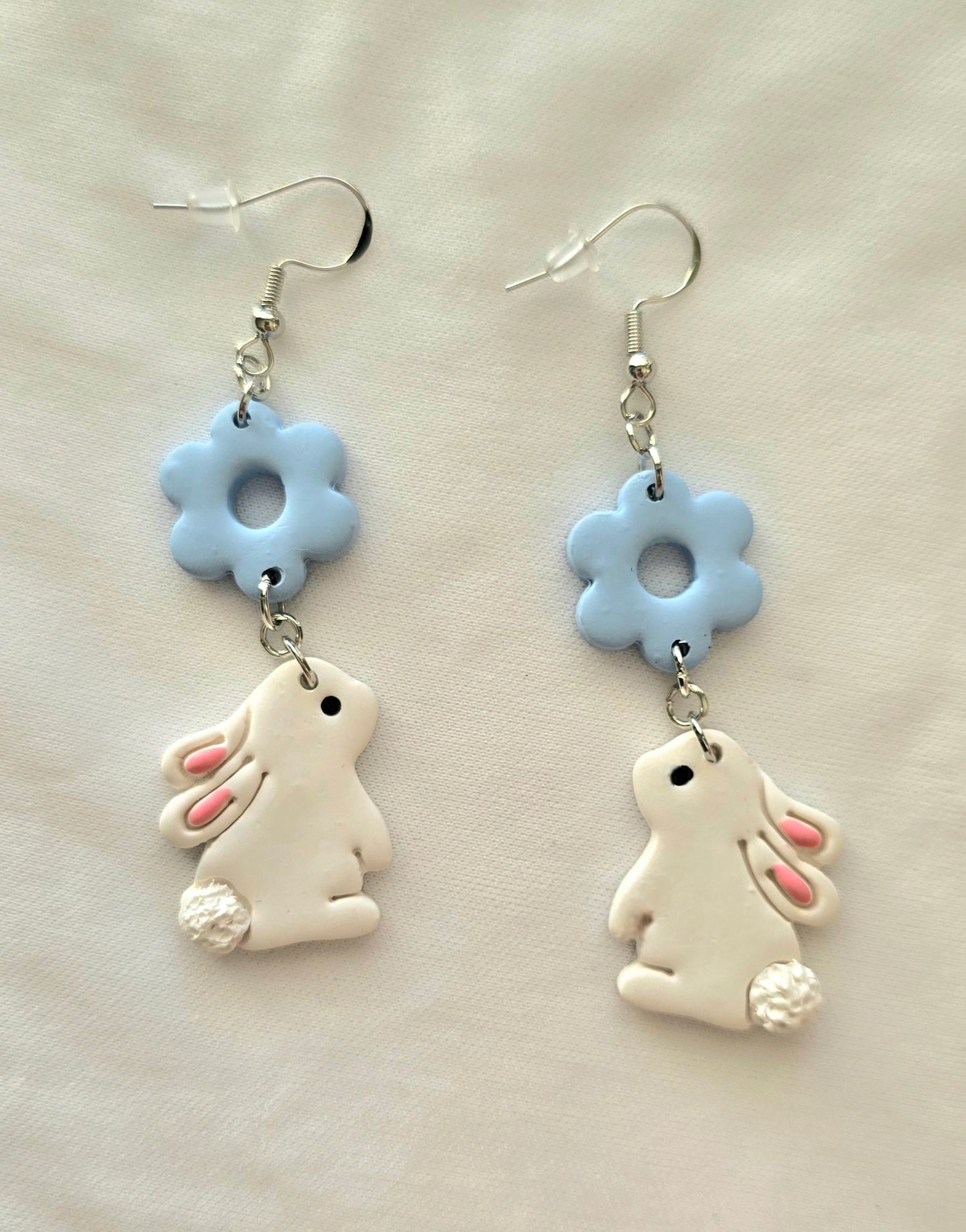 White Easter Bunny with Flower Dangle Earrings