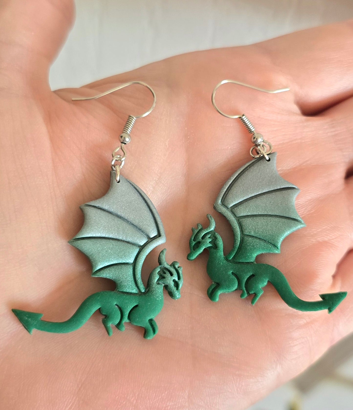 Emerald Green and Silver Dragon Earrings