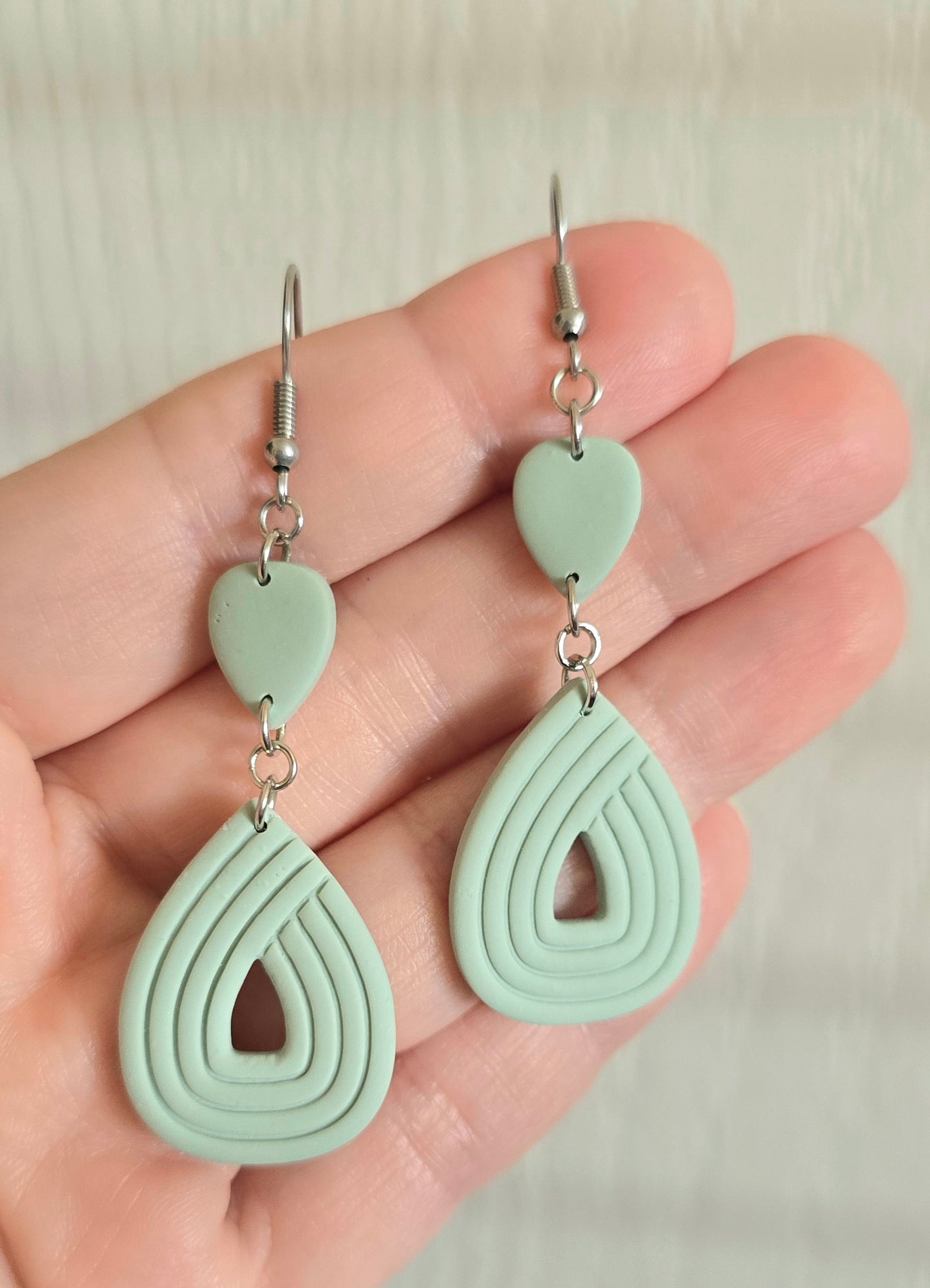 Sage Green Embossed Teardrop Dangle Earrings