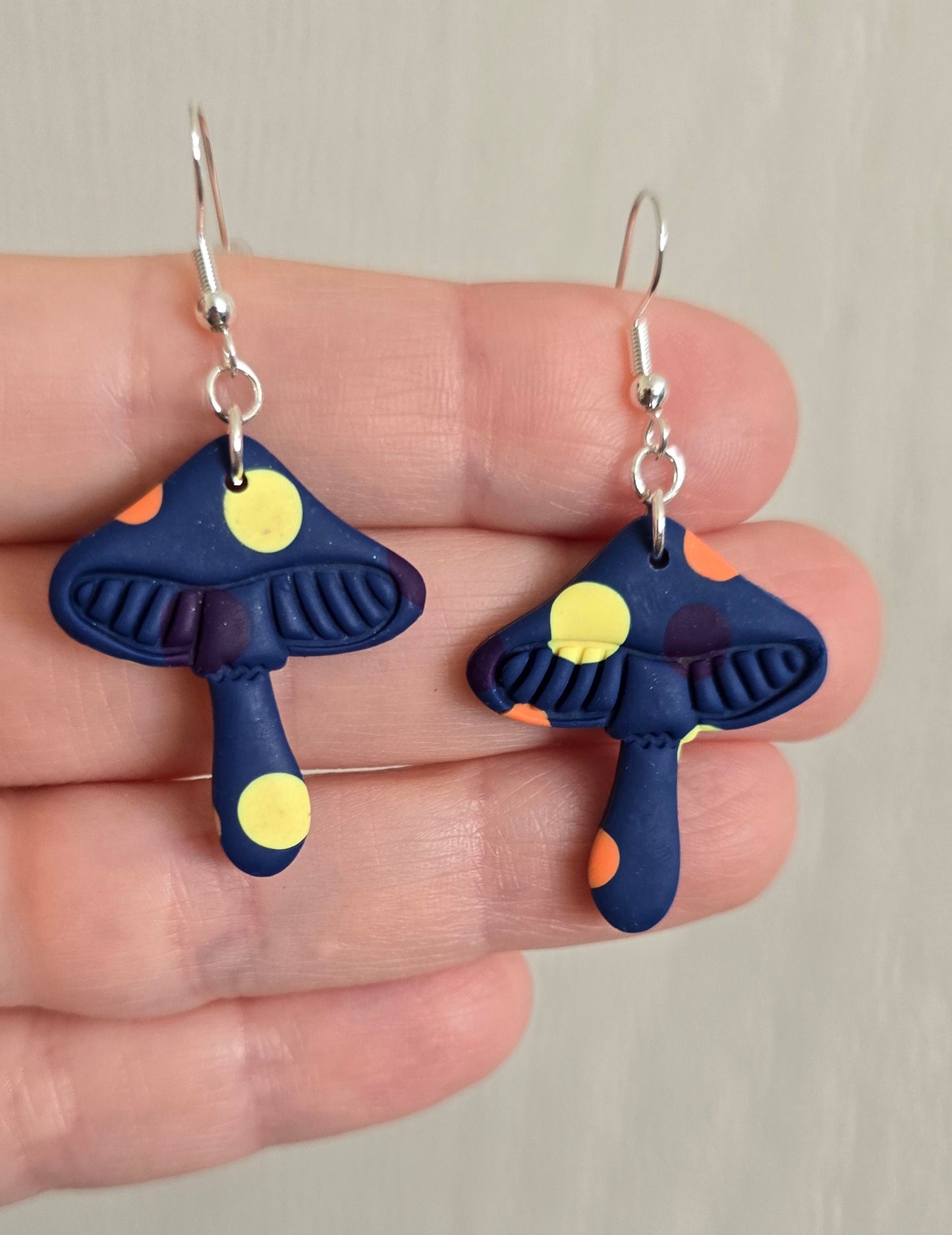Blue Polka Dot Mushroom Dangle Earrings