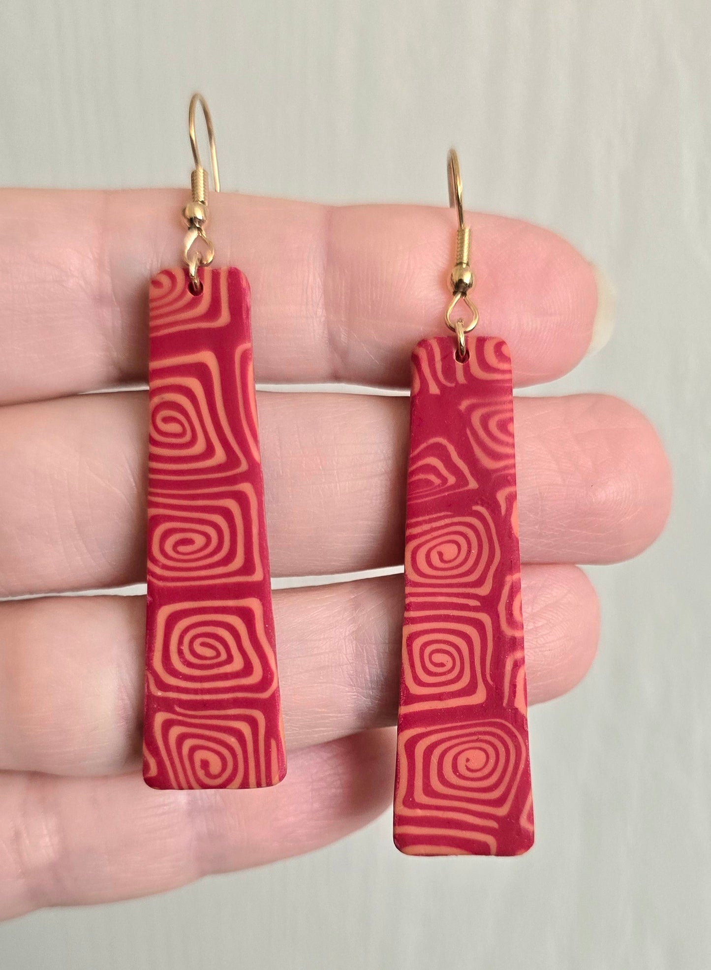 Red and Gold Square Swirls Dangle Earrings