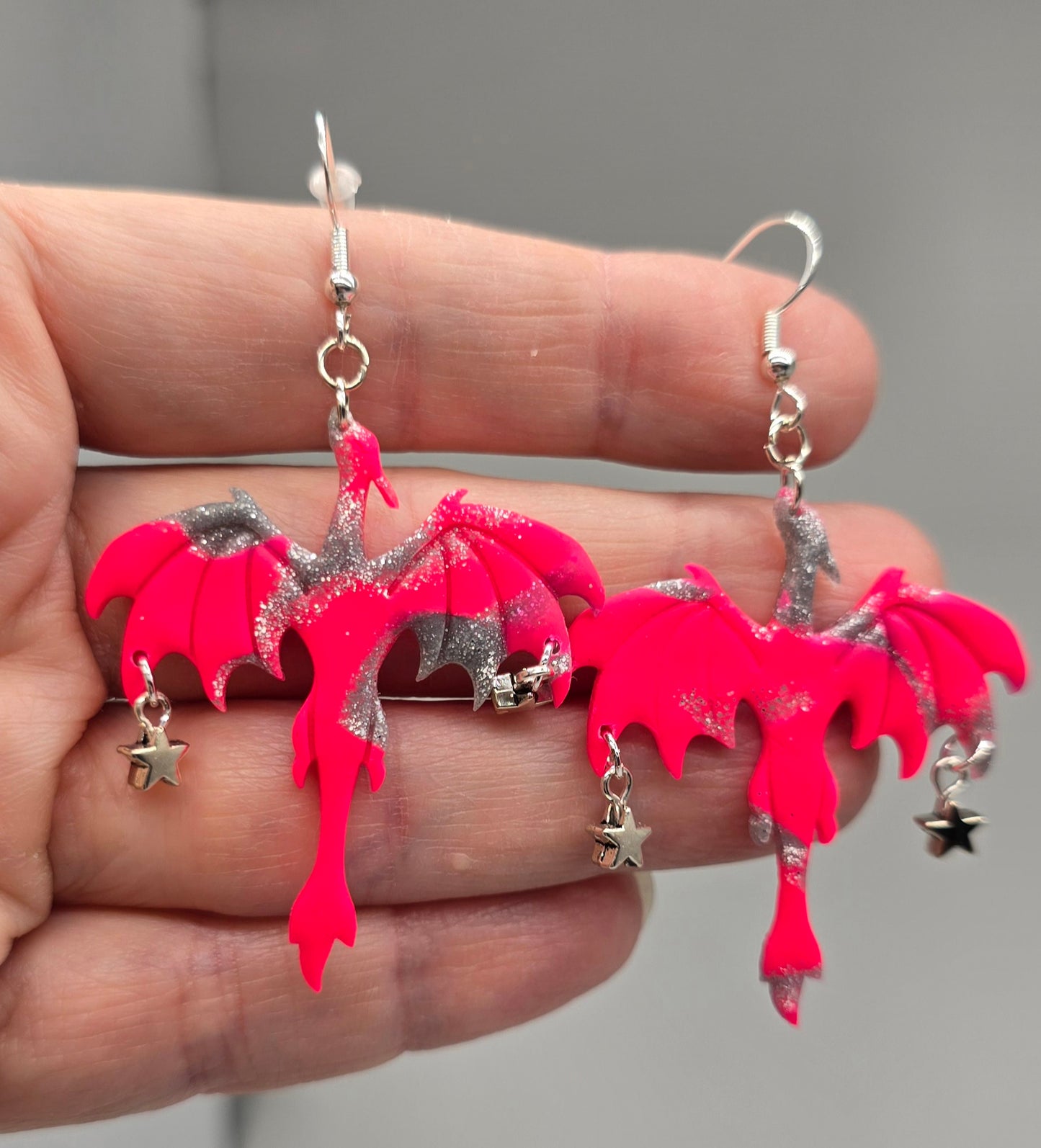 Hot Pink and Silver Dragon Earrings, Style 2