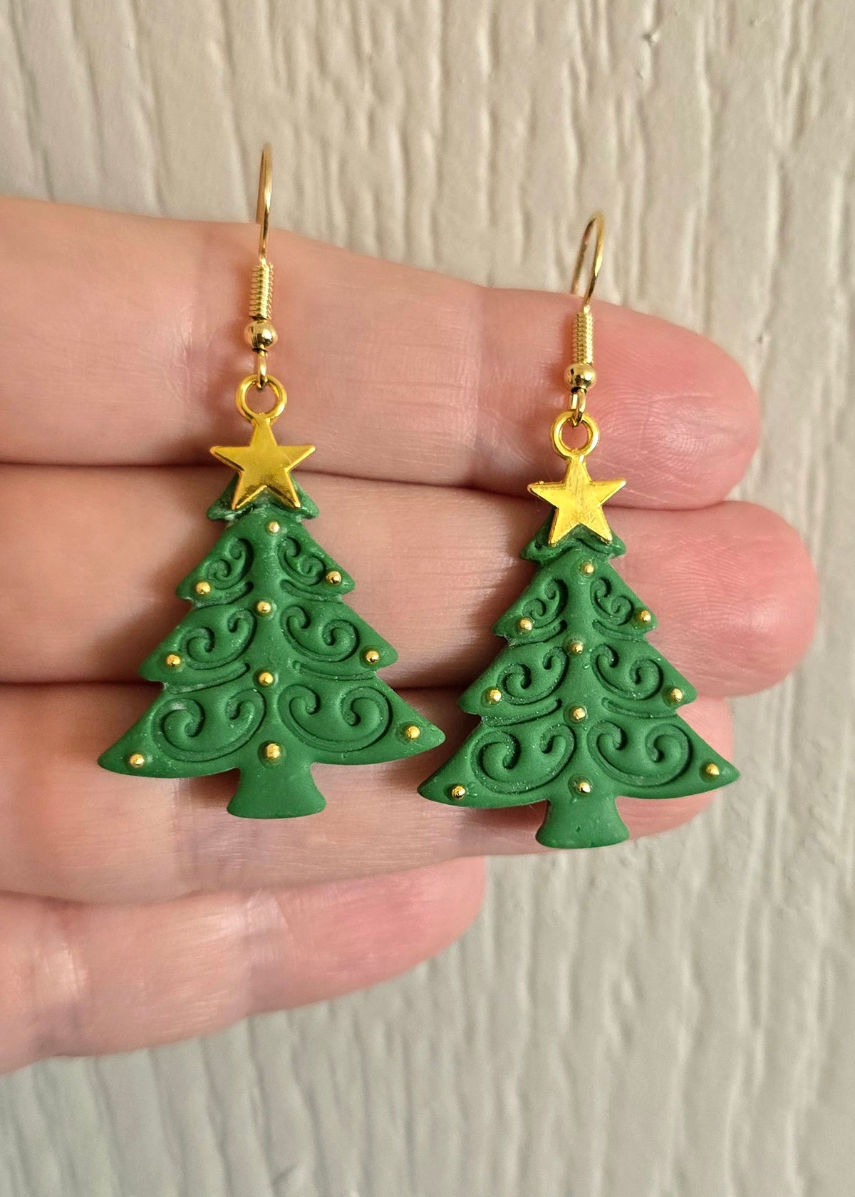 Green Christmas Tree Gold Star Earrings
