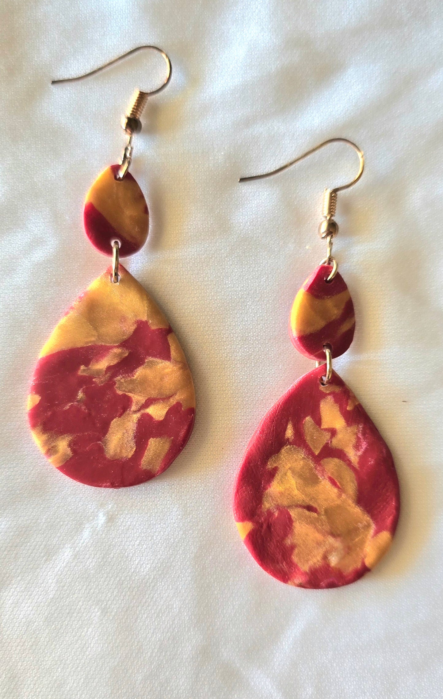 Gold and Red Swirl Teardrop Earrings