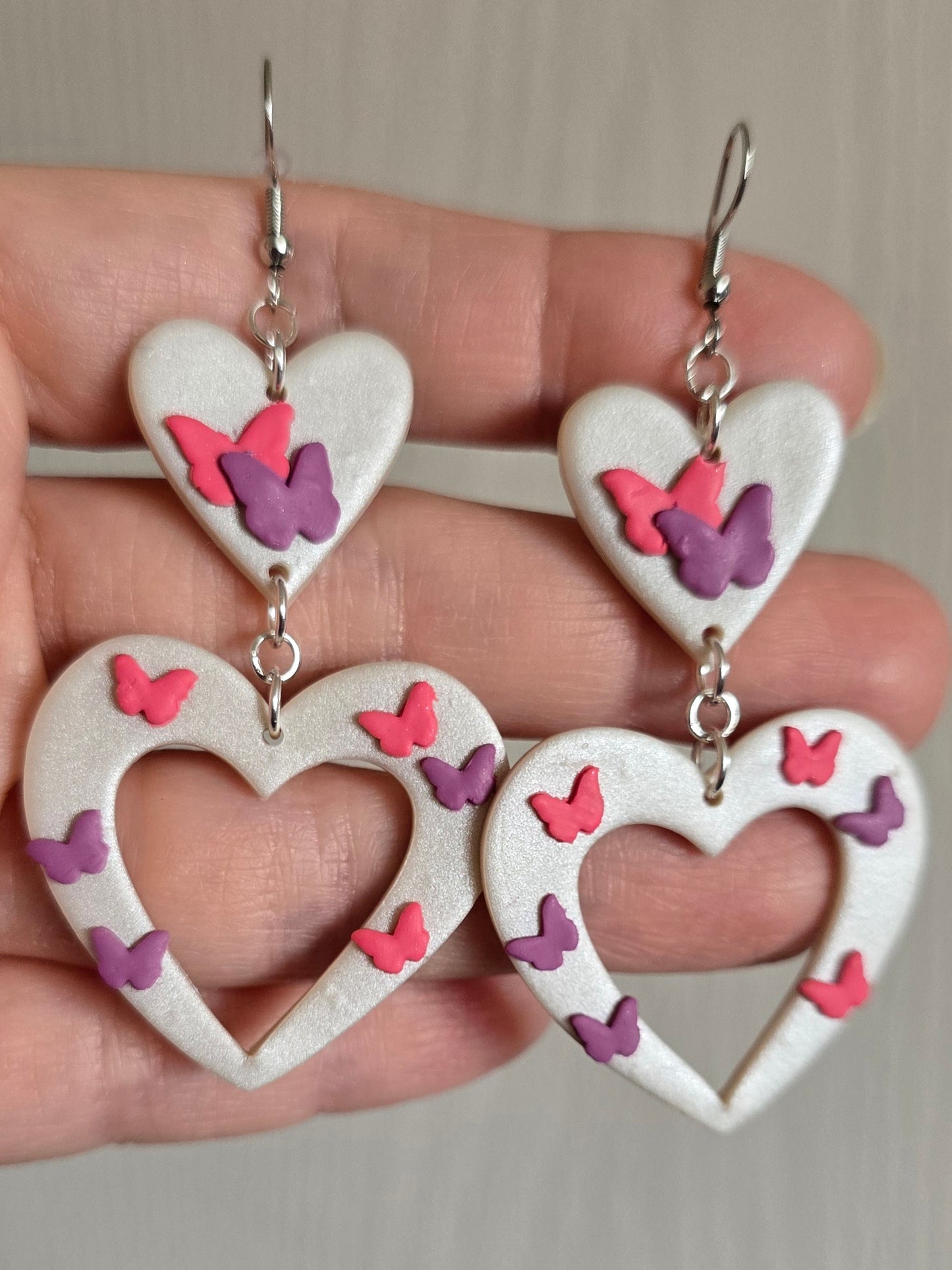 Pearl White Heart with Butterflies Dangle Earrings