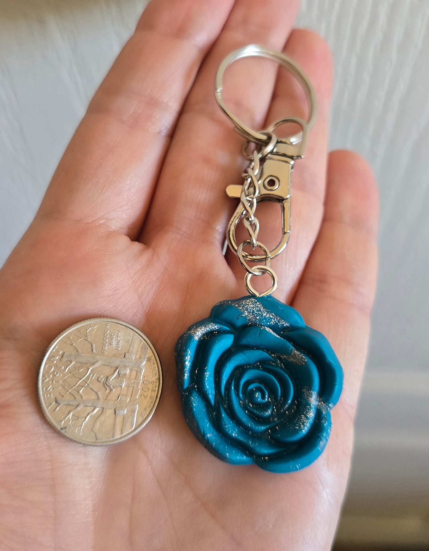 Teal and Silver Rose Keychain