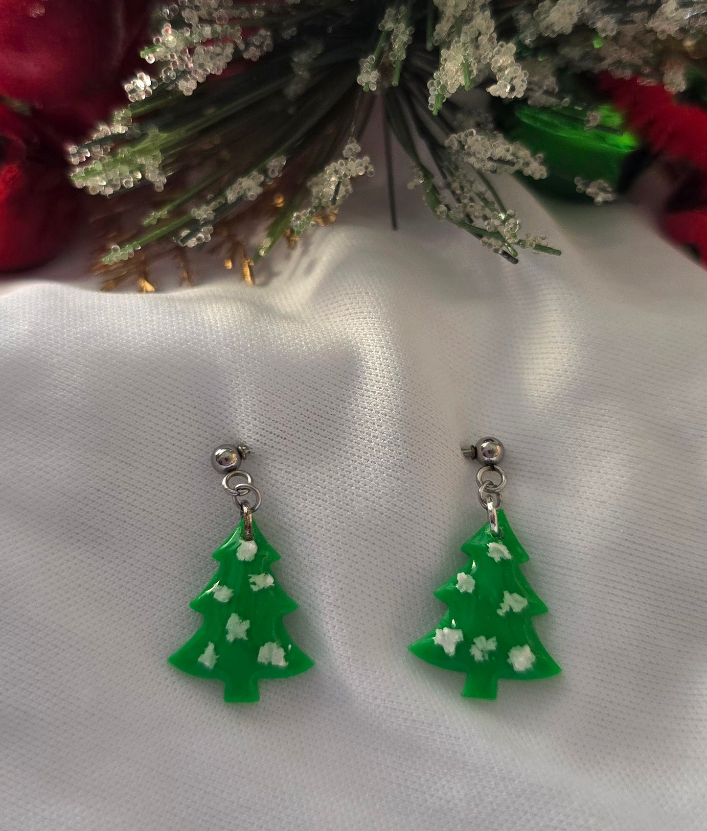 Mini Green Tree with Snow Earrings