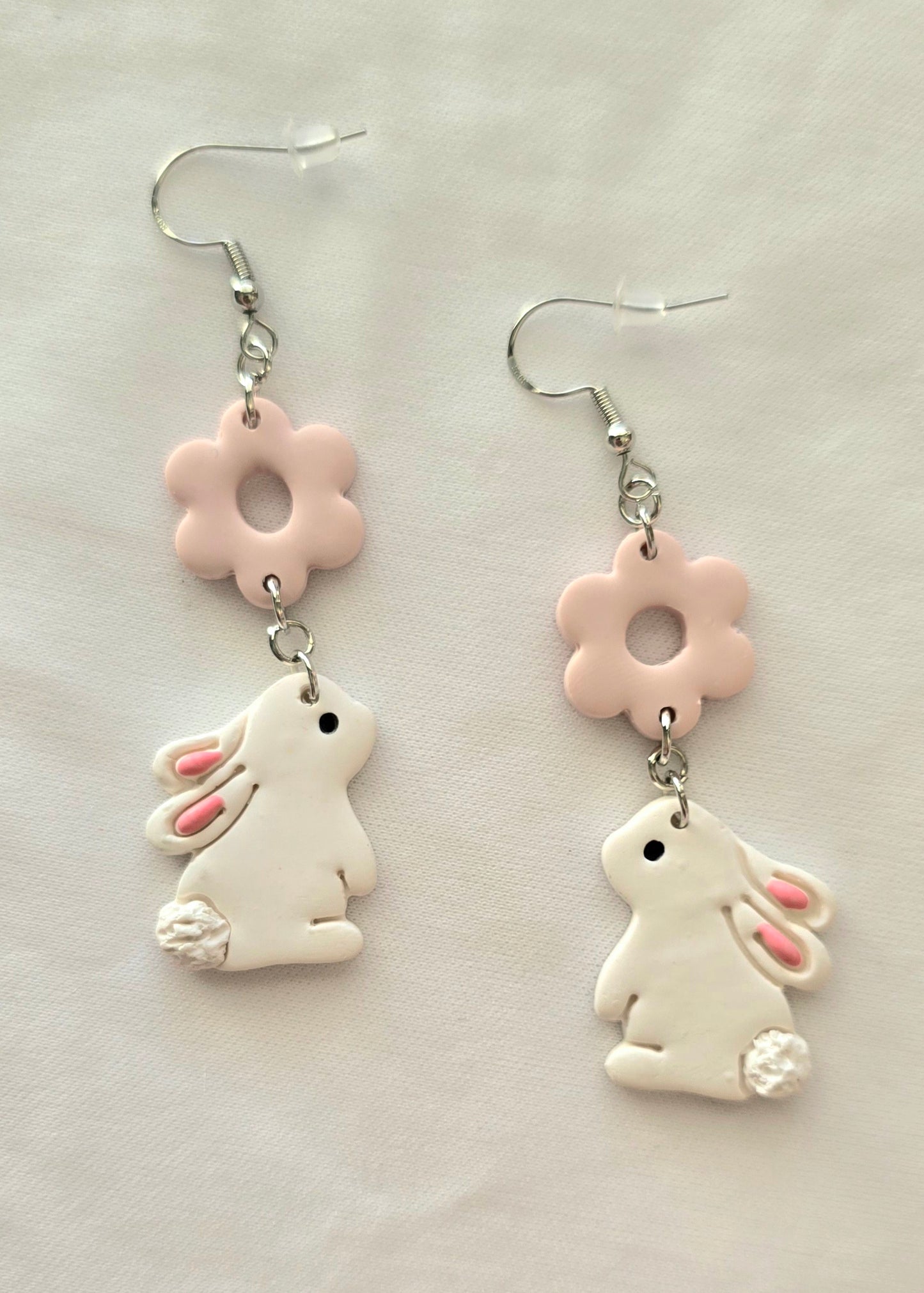 White Easter Bunny with Flower Dangle Earrings