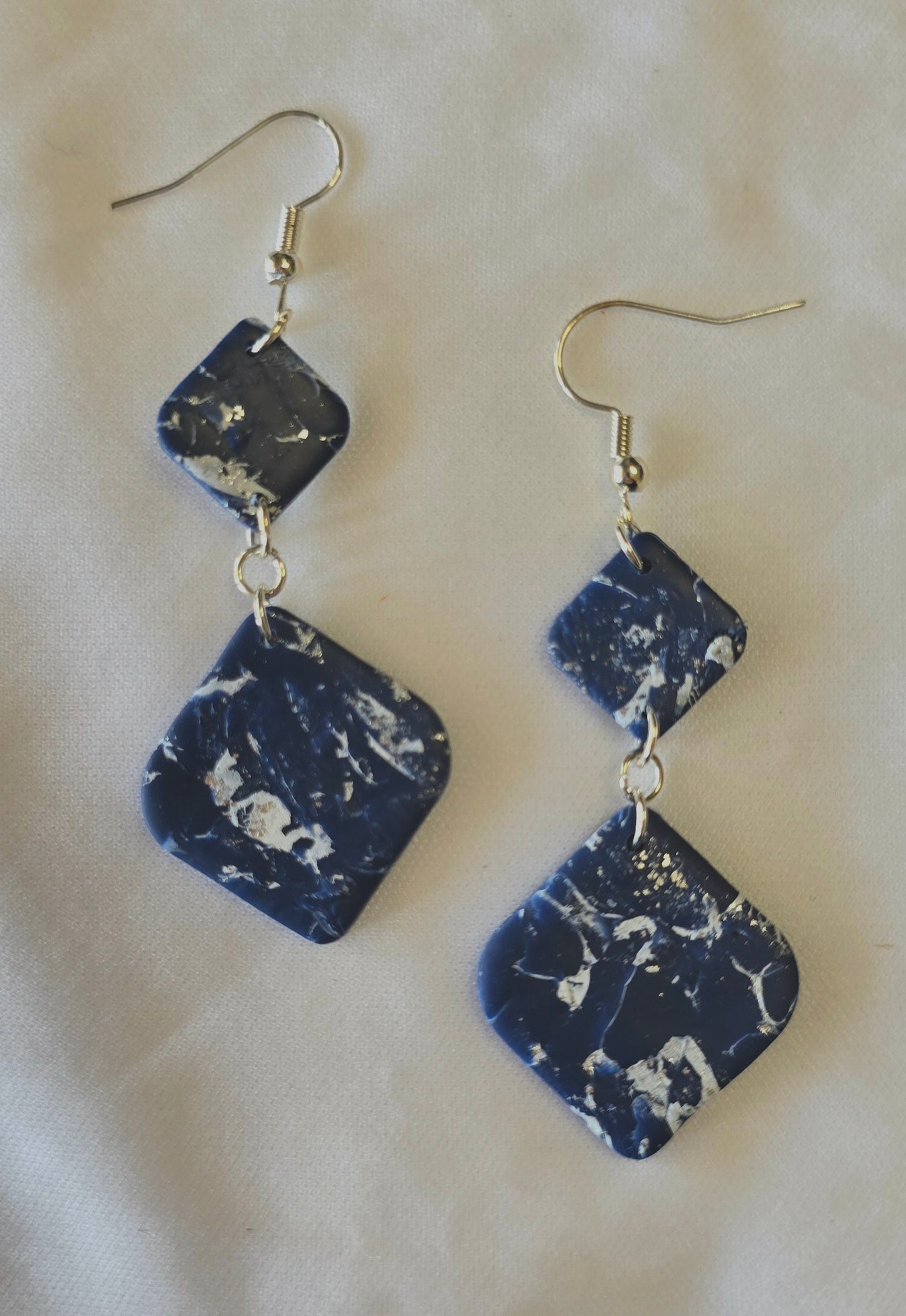Blue, White, and Silver Square Earrings