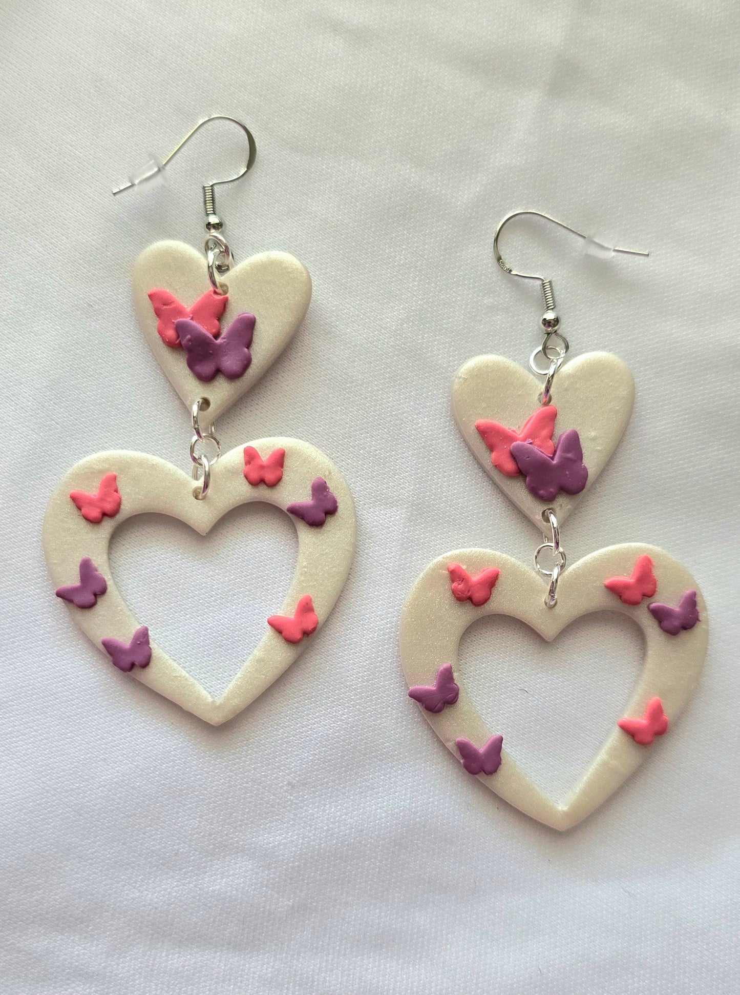 Pearl White Heart with Butterflies Dangle Earrings