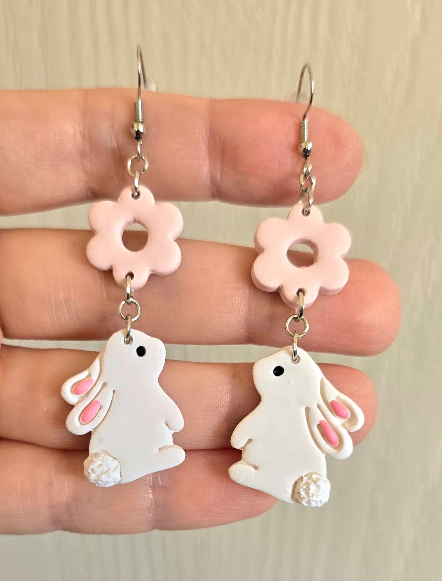 White Easter Bunny with Flower Dangle Earrings