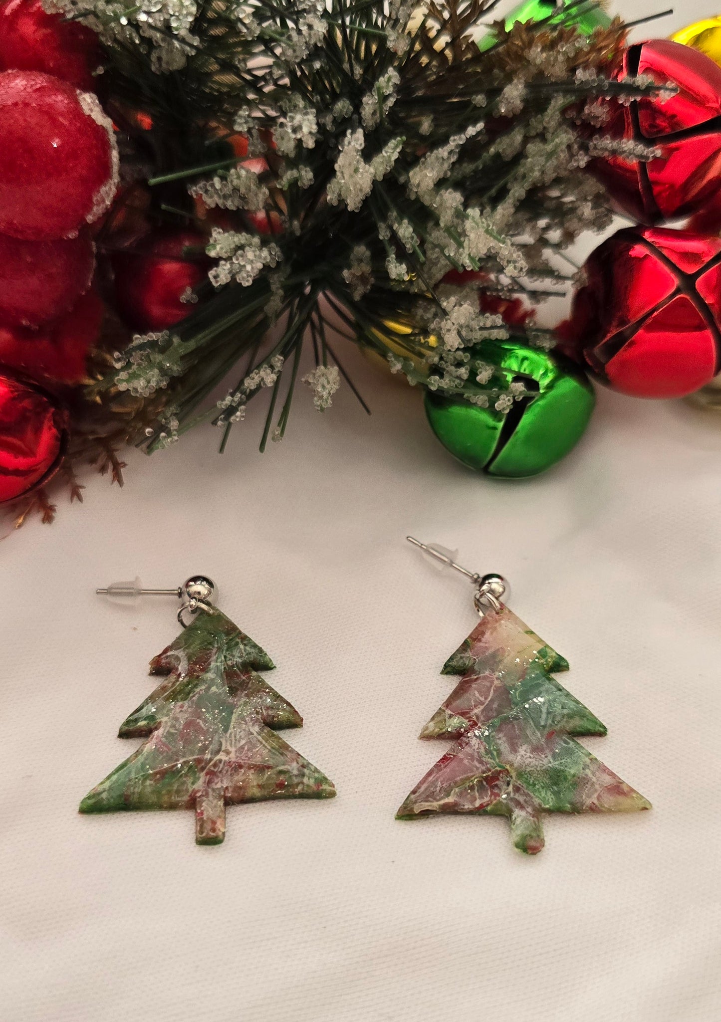 White, Red, & Green Christmas Tree Earrings