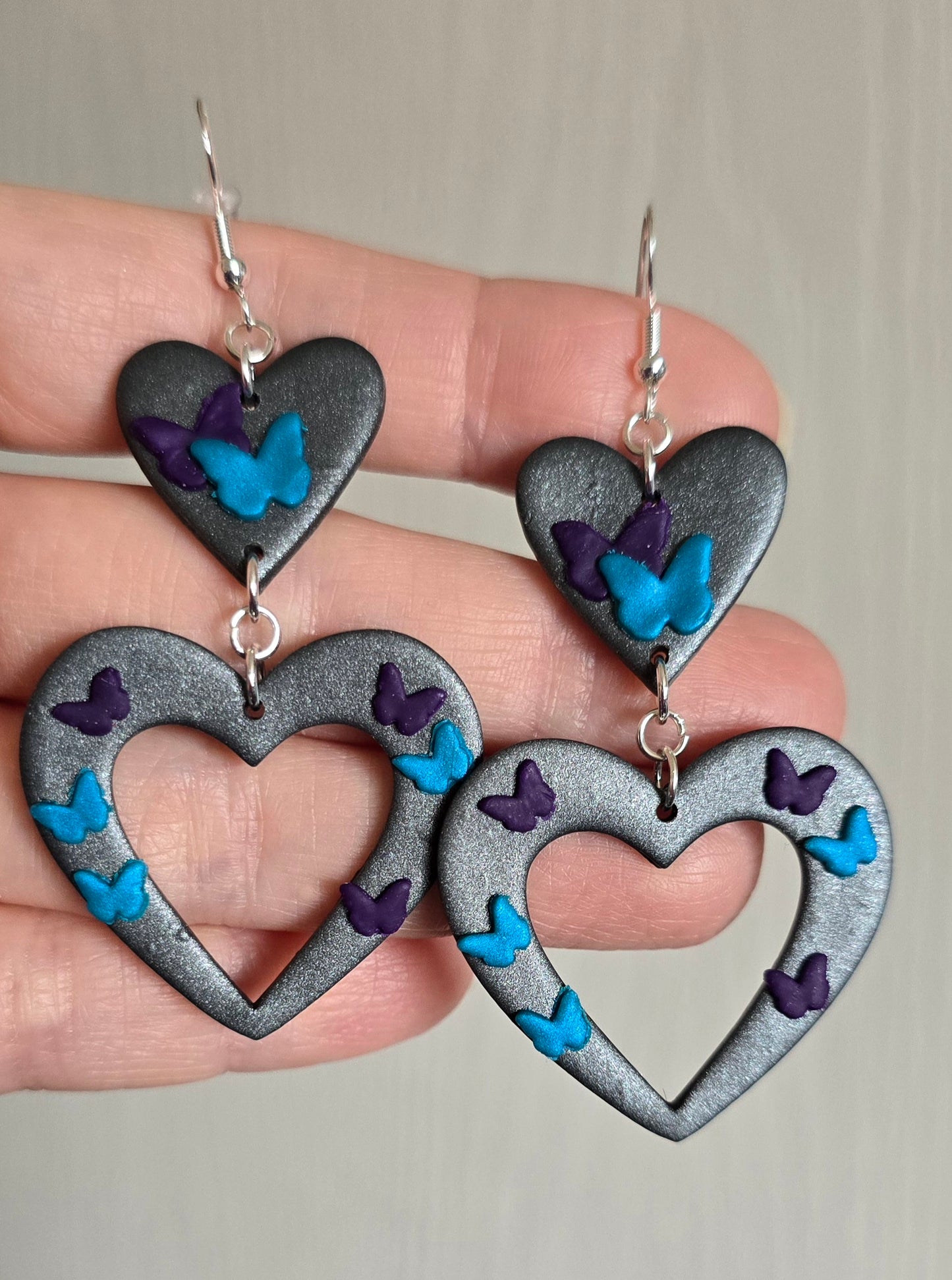 Graphite Pearl Heart with Butterflies Dangle Earrings