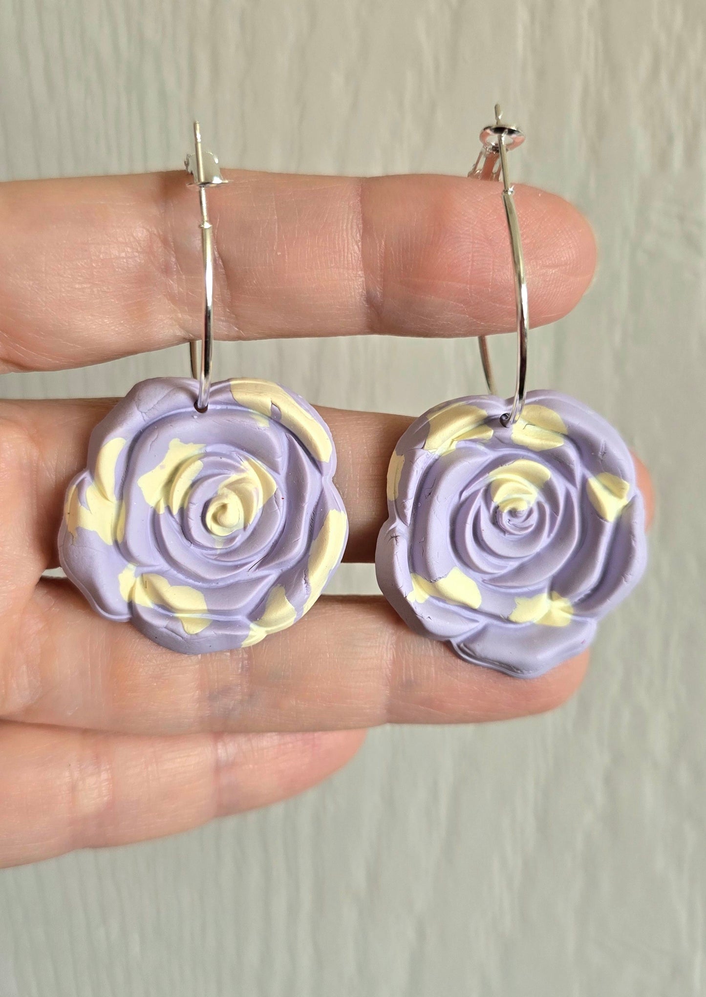 Purple and Yellow Rose Hoop Earrings
