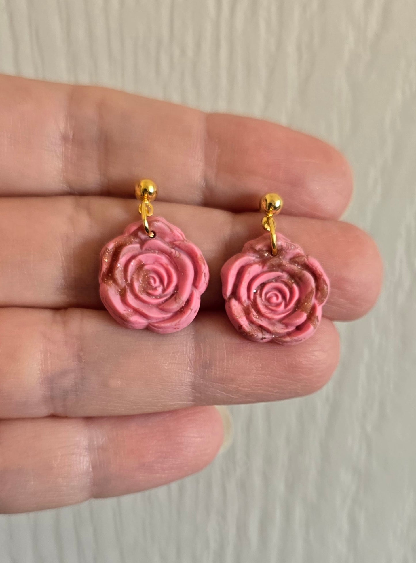 Pink and Gold Rose Earrings