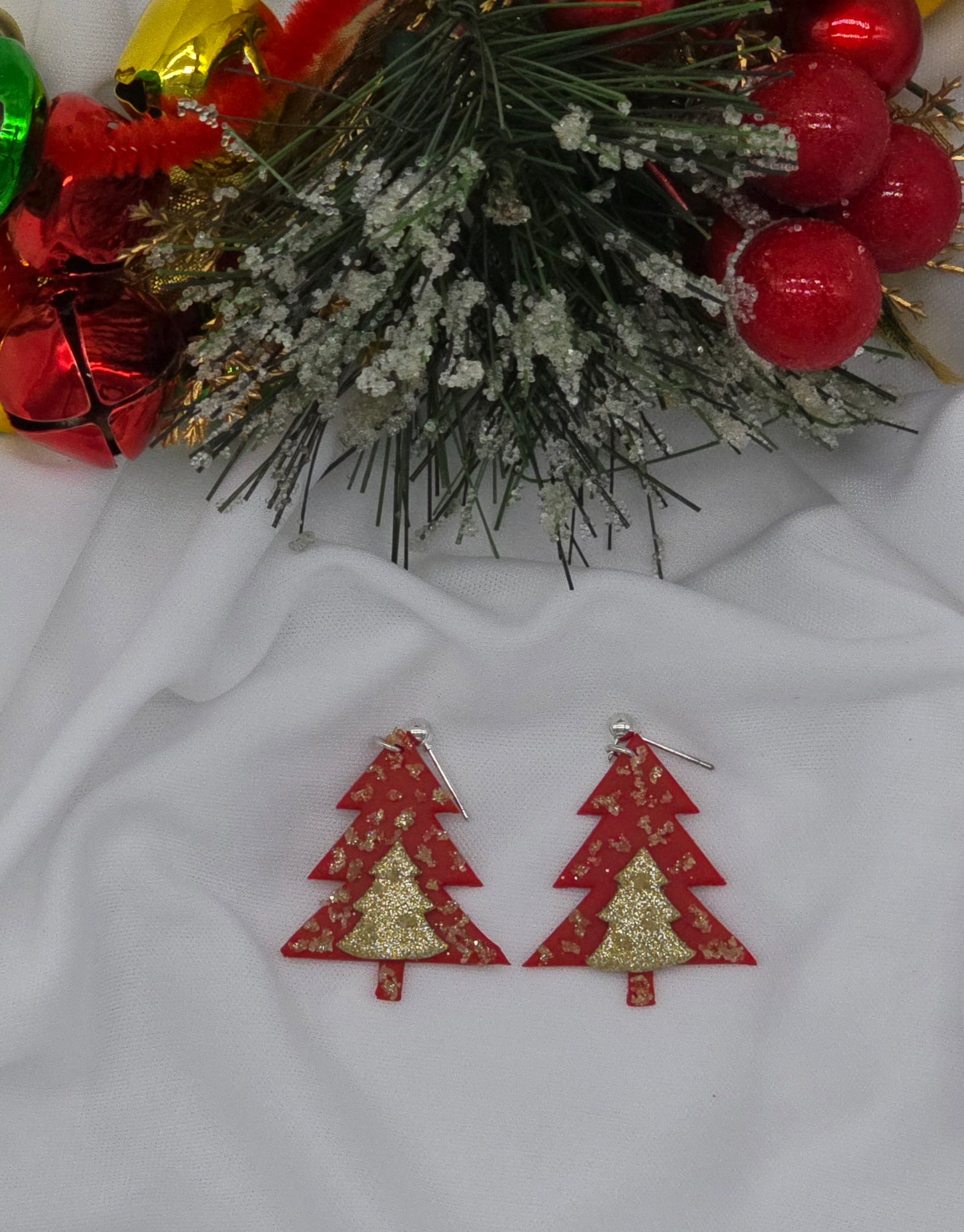 Silver and Red Christmas Tree Earrings