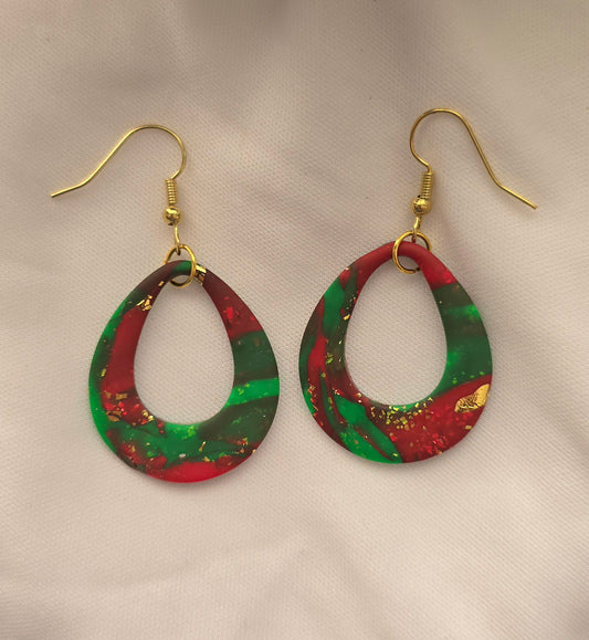 Red, Green & Gold Oval Hoop Earrings