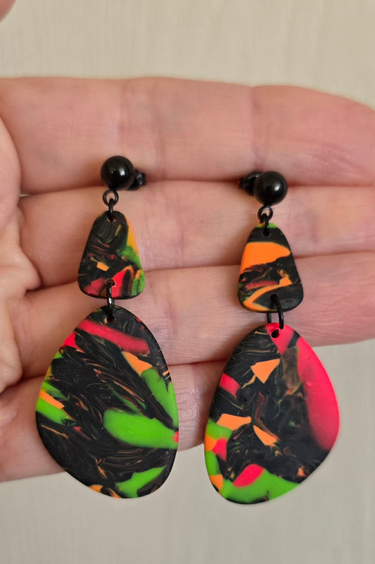 Black Neon with Neon Swirls Earrings
