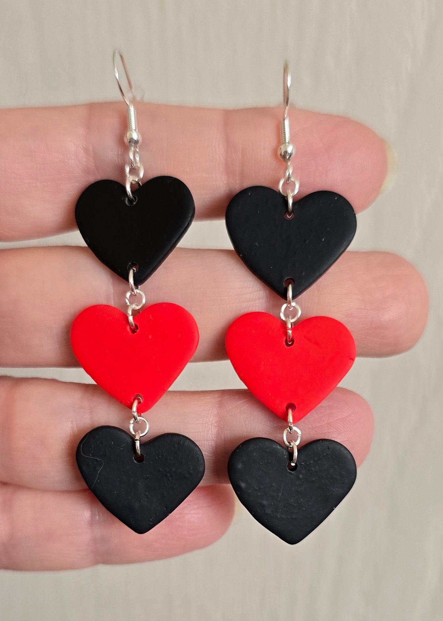 Black and Red Three Heart Dangle Earrings